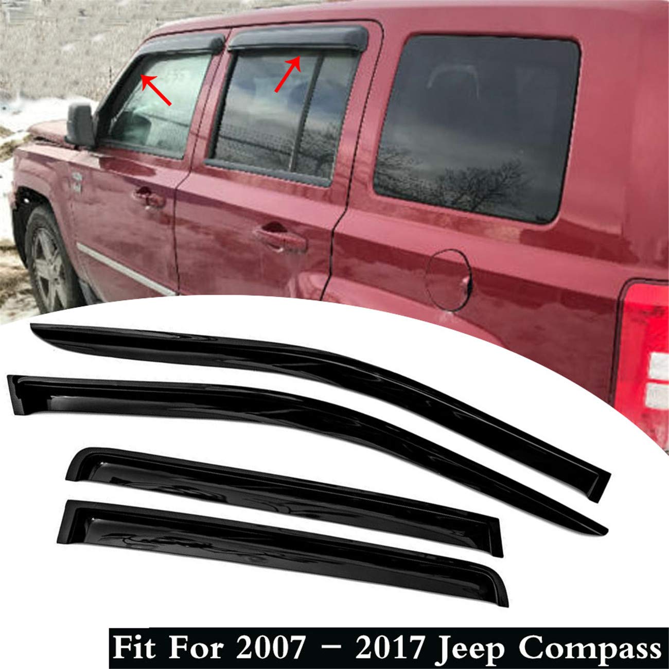 2007-2017 Jeep Compass Car Window Visor Vent Shade Deflector - Sun & Rain Guards for UV Protection & Weather Resistance - Perfect for Road Trips & Outdoor Adventures