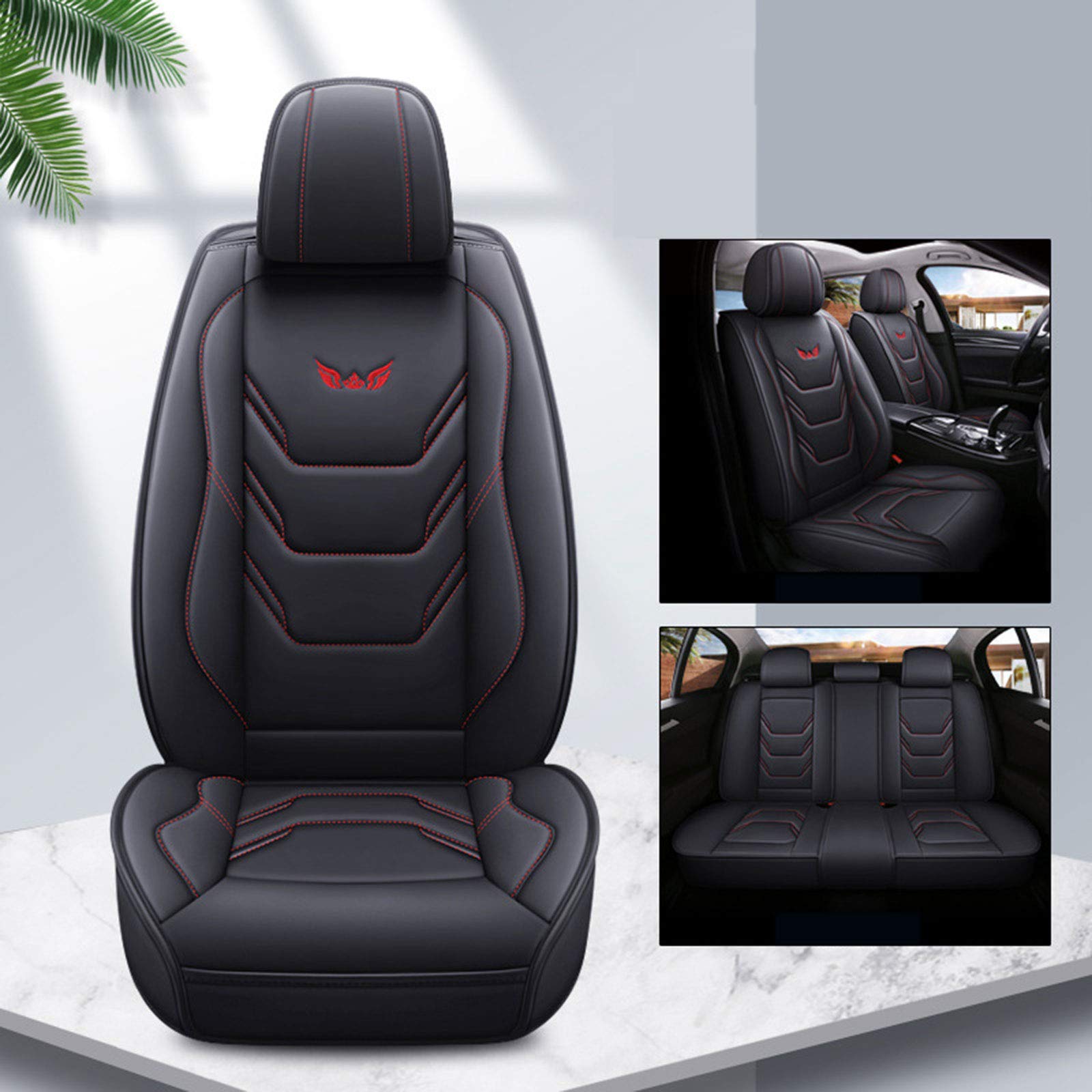 Universal Fit 5-Seat Car Seat Covers Full Set - Waterproof Leather Auto Seat Protectors with Adjustable & Removable Cushions (Black) - Perfect for SUVs, Sedans & Trucks - Protects Against Spills, Pets & Wear