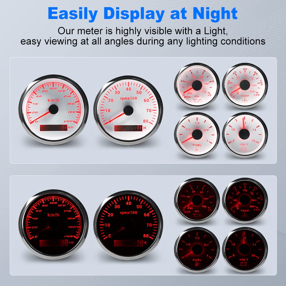 WATERWICH 6 Gauge Set with GPS Speedometer, Tachometer, Oil Pressure, Water Temp & Voltmeter - Universal Car, Truck, Boat & Marine Vehicle Dashboard Gauge Kit for Performance Monitoring & Diagnostics