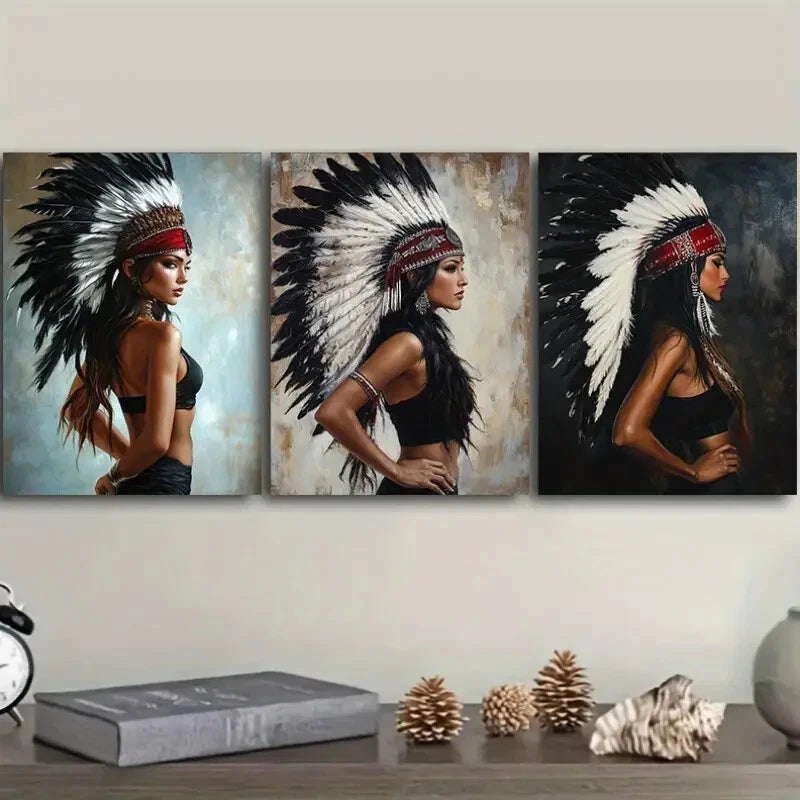 3pcs Native American Indian Girl Feathered Headdress Wall Art Set - Framed Canvas Prints 40x60cm - High Quality Australian Made Home Decor - Perfect for Living Room, Bedroom & Office Decorations