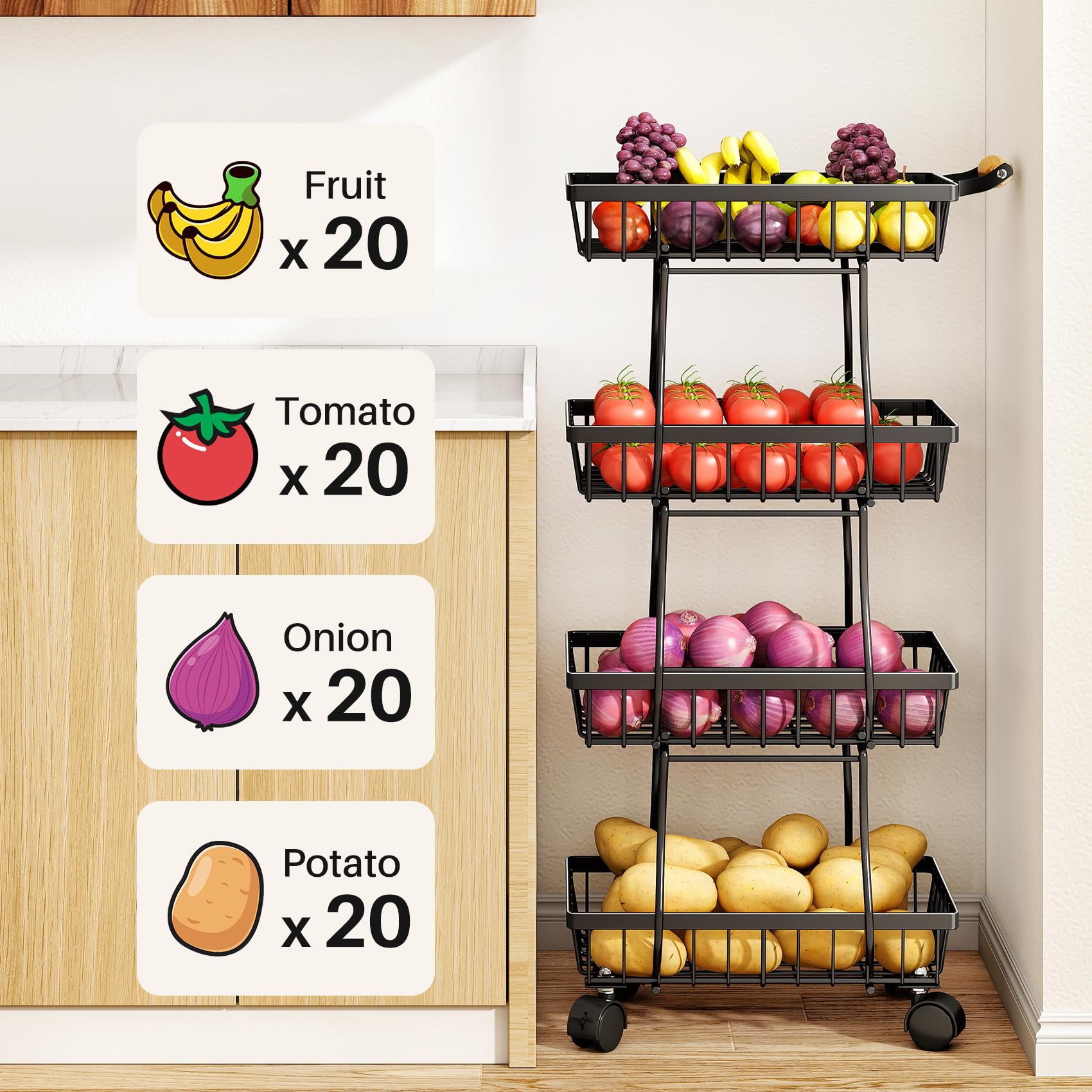 4-Tier Stackable Metal Wire Basket Organizer for Kitchen Pantry - Fruit, Vegetable, Snacks, Jars Storage | Space-Saving Home Organization for Countertop, Cabinet, or Refrigerator | Black