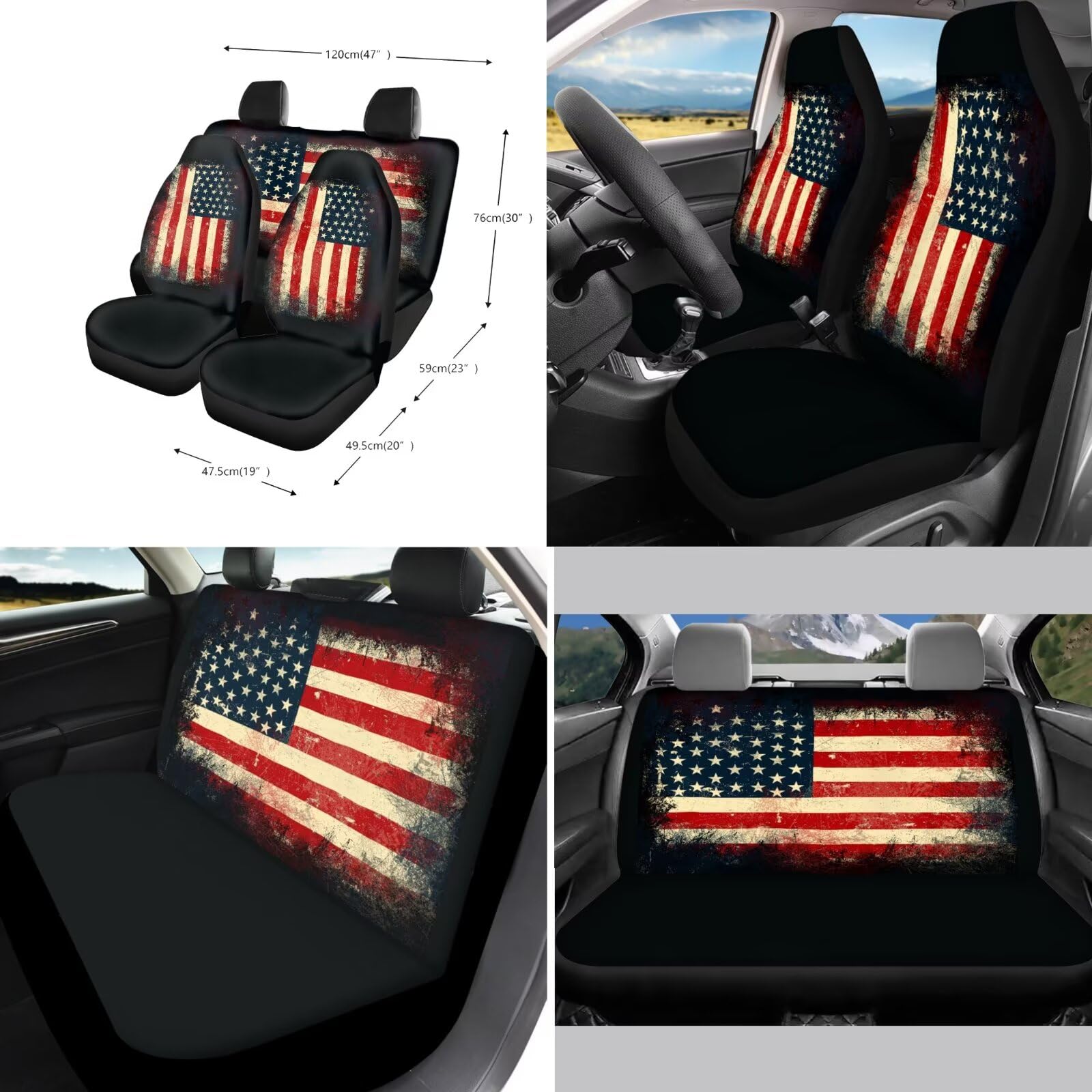 Xoenoiee 11-Piece Patriotic Car Seat Covers Set - Universal Fit with Steering Wheel Cover, Seat Belt Pads & American Flag Design - Perfect for 4th of July, Memorial Day & Independence Day Decorations
