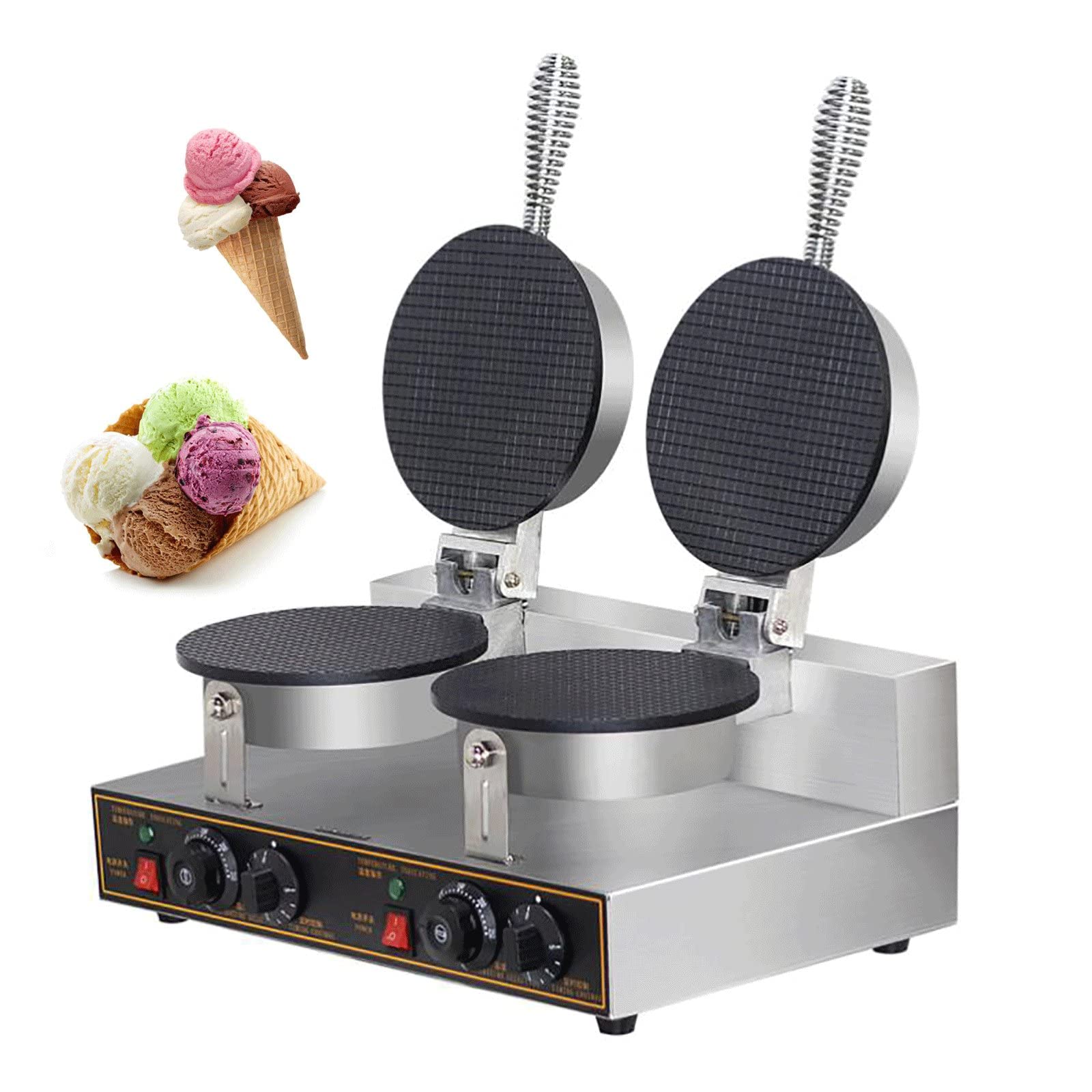 Commercial Waffle Cone Maker Machine - Electric Stainless Steel Double Head Ice Cream Cone Baker with Nonstick Egg Roll Mold for Restaurants, Bakeries & Home Use - Perfect for Making Crispy Waffle Cones, Ice Cream Bowls & Dessert Creations
