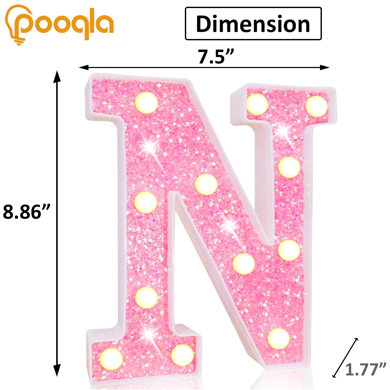 Pooqla Pink LED Marquee Letter N - Battery Powered Glitter Alphabet Light Sign for Night Light, Birthday Party, Wedding, Home Bar & Christmas Decoration - Perfect Gift for Girls & Women (Pink Letter N)