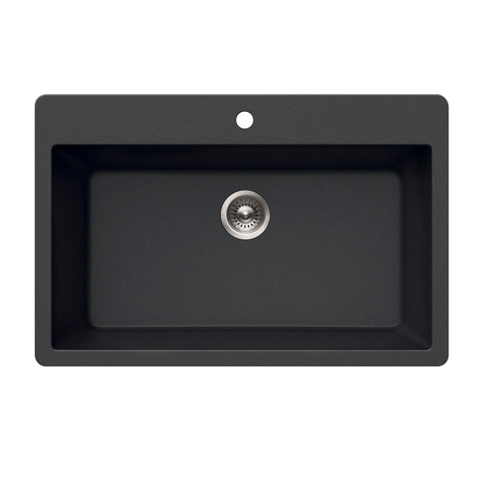 Houzer Quartztone Series 33 Granite Topmount Single Bowl Kitchen Sink - V 300 Midnight Black | Durable & Stylish for Modern Kitchens | Perfect for Cooking, Washing & Food Prep
