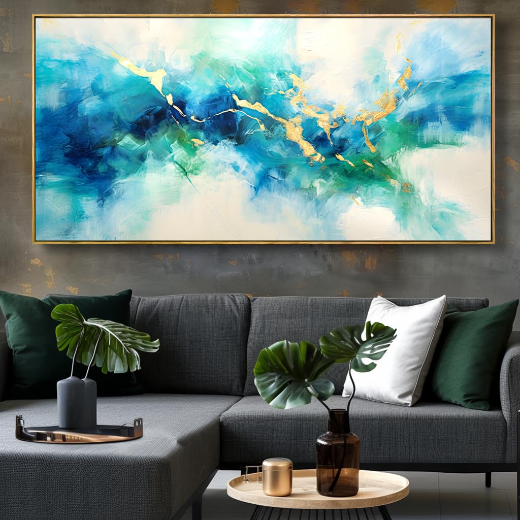 Abstract Canvas Wall Art - Green Blue & Gold Fantasy Painting - Modern Framed Decor for Bedroom, Living Room, Dining Room & Home Office - 30x60 Inches - Perfect for Contemporary Spaces & Gift Giving
