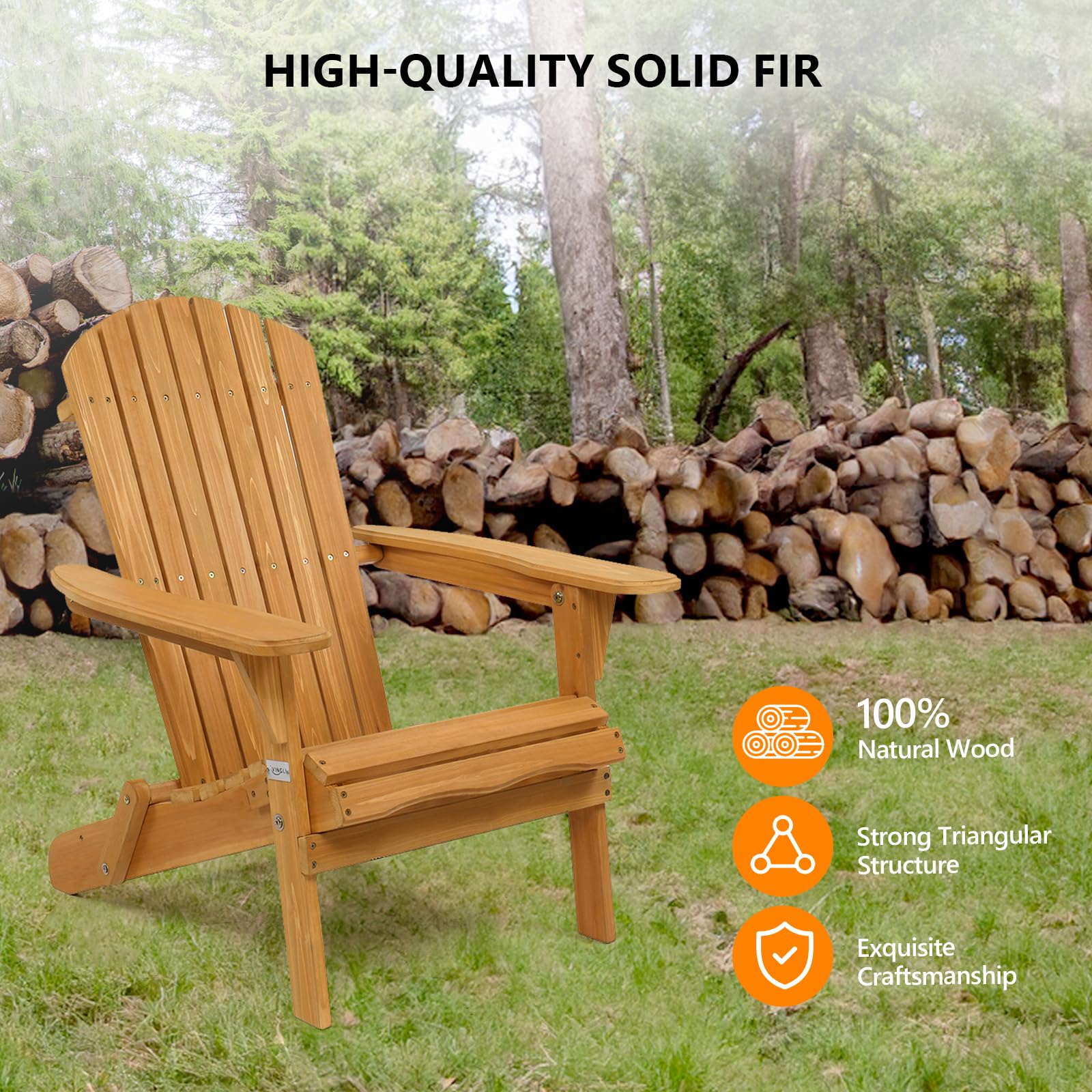 VINGLI Set of 2 Wooden Folding Adirondack Chairs - All-Weather Outdoor Patio Lounge Chairs with 350LB Capacity - Perfect for Garden, Poolside, Backyard & Camping Relaxation