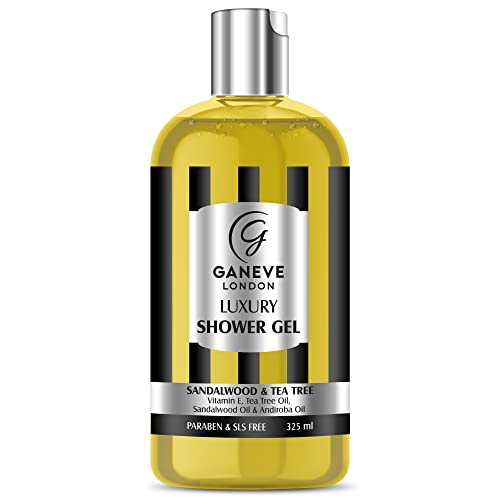 Ganeve London Luxury Shower Gel with Sandalwood & Tea Tree Oil, Vitamin E - Paraben & SLS Free, 325ml (Pack of 1) - Hydrating & Refreshing Body Wash for Dry Skin, Perfect for Daily Use & Spa-Like Experience at Home