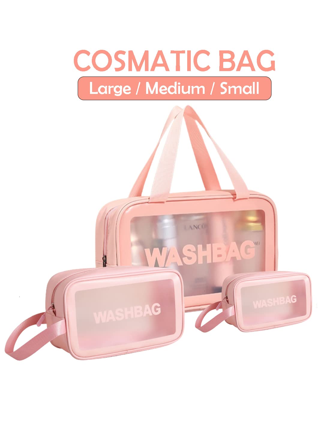 Amso Waterproof PVC Cosmetic Bag Set of 3 - Travel Makeup Organizer for Brushes, Toiletries & Accessories - Pink Zippered Portable Pouch for Home, Gym & Vacation Essentials