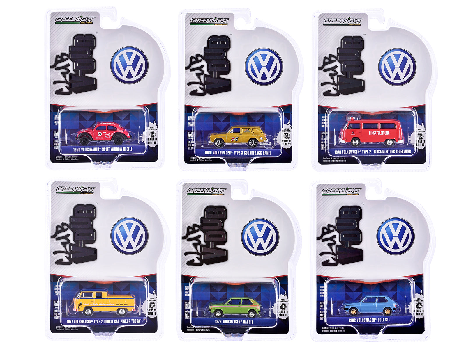 Greenlight Club Vee Dub Series 19 - Set of 6 Diecast Model Cars 1/64 Scale - Collectible Miniature Vehicles for Display, Gifts & Car Enthusiasts