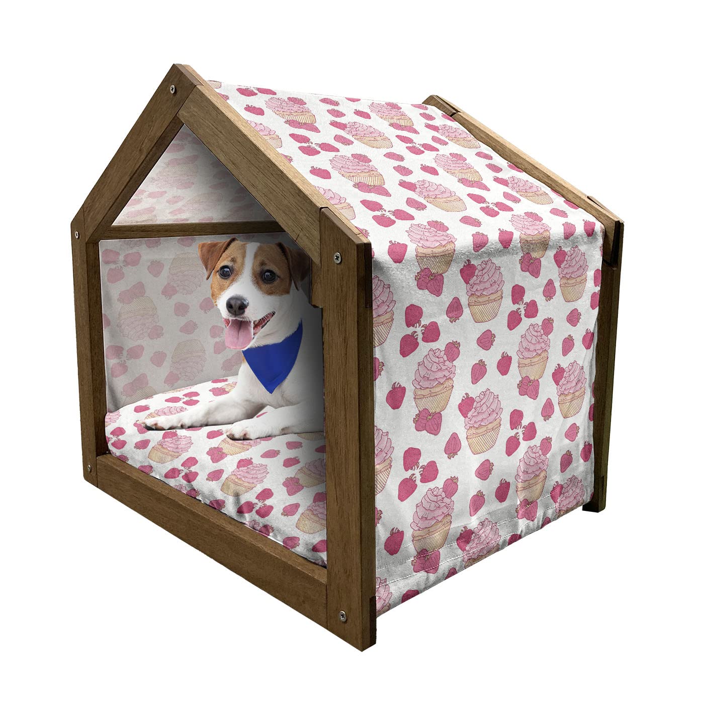 Ambesonne Wooden Pet House for Small Dogs - Cupcake & Strawberry Dessert Design Indoor & Outdoor Portable Dog Kennel with Pillow Cover - Pale Pink Peach Color - Perfect for Home, Garden & Travel Use