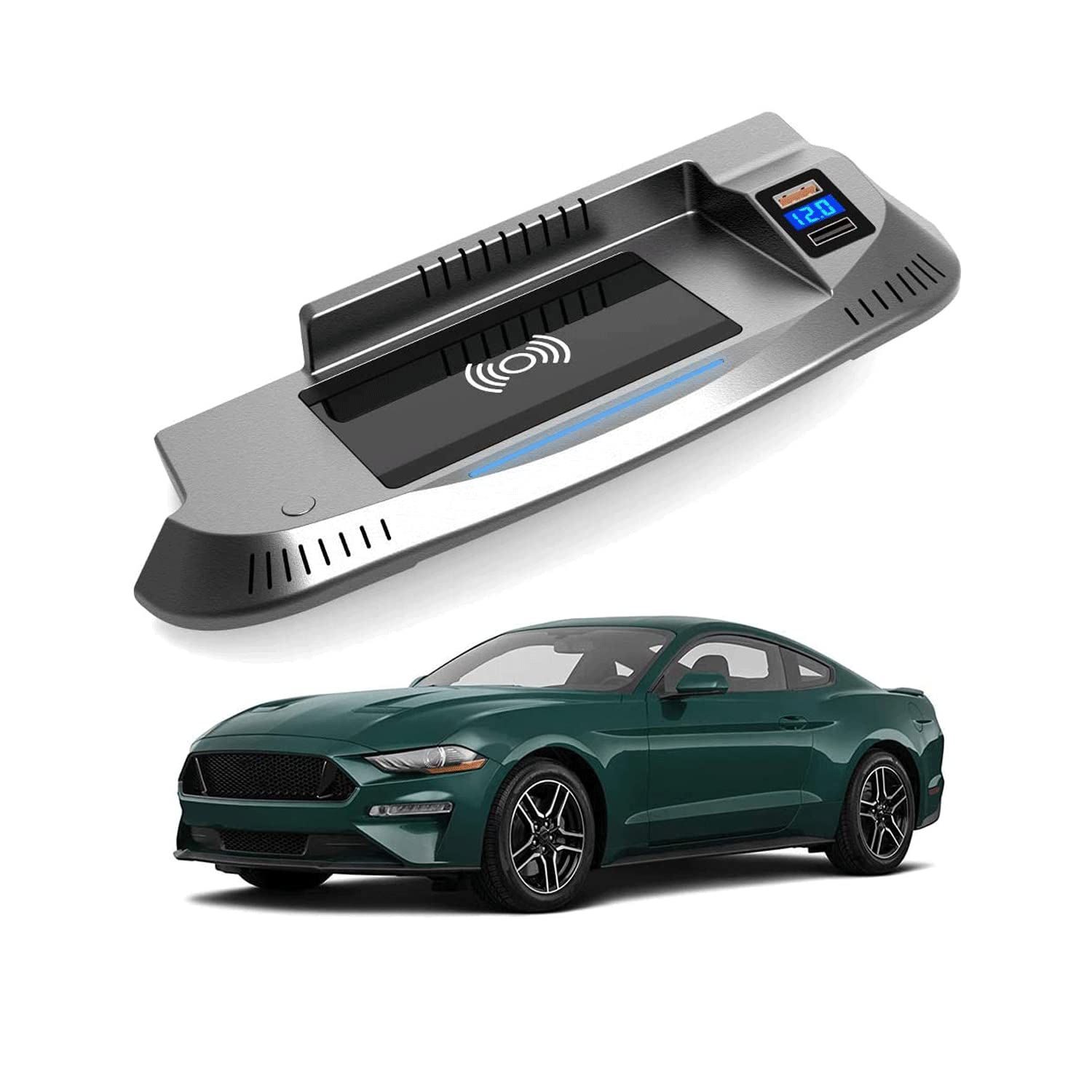 Fast 15W Qi Wireless Car Charger for Ford Mustang 2015-2021 with QC3.0 USB & 18W PD Port - Universal Phone Charging Pad Compatible with iPhone 12/11/XS/X/8 & Samsung S20/S10/S9 - Perfect for Road Trips & Daily Commutes