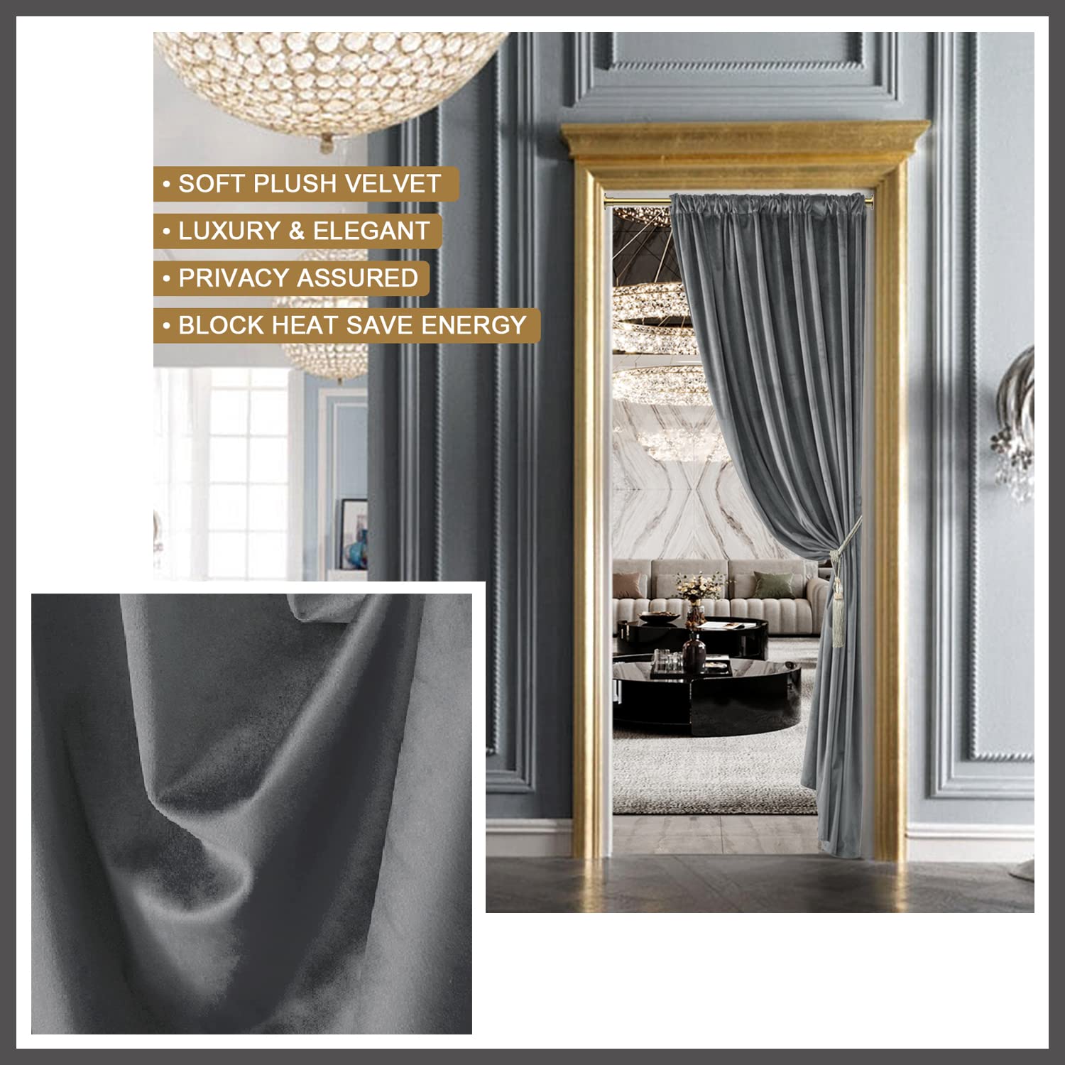 XTMYI Grey Velvet Privacy Room Divider Curtains - Soundproof Folding Screen for Office, Bedroom & Living Room | Back Tab Door Hanging Panel for Indoor Partition (60-70% Noise Reduction) - Perfect for Home Offices, Studio Apartments & Room Separation