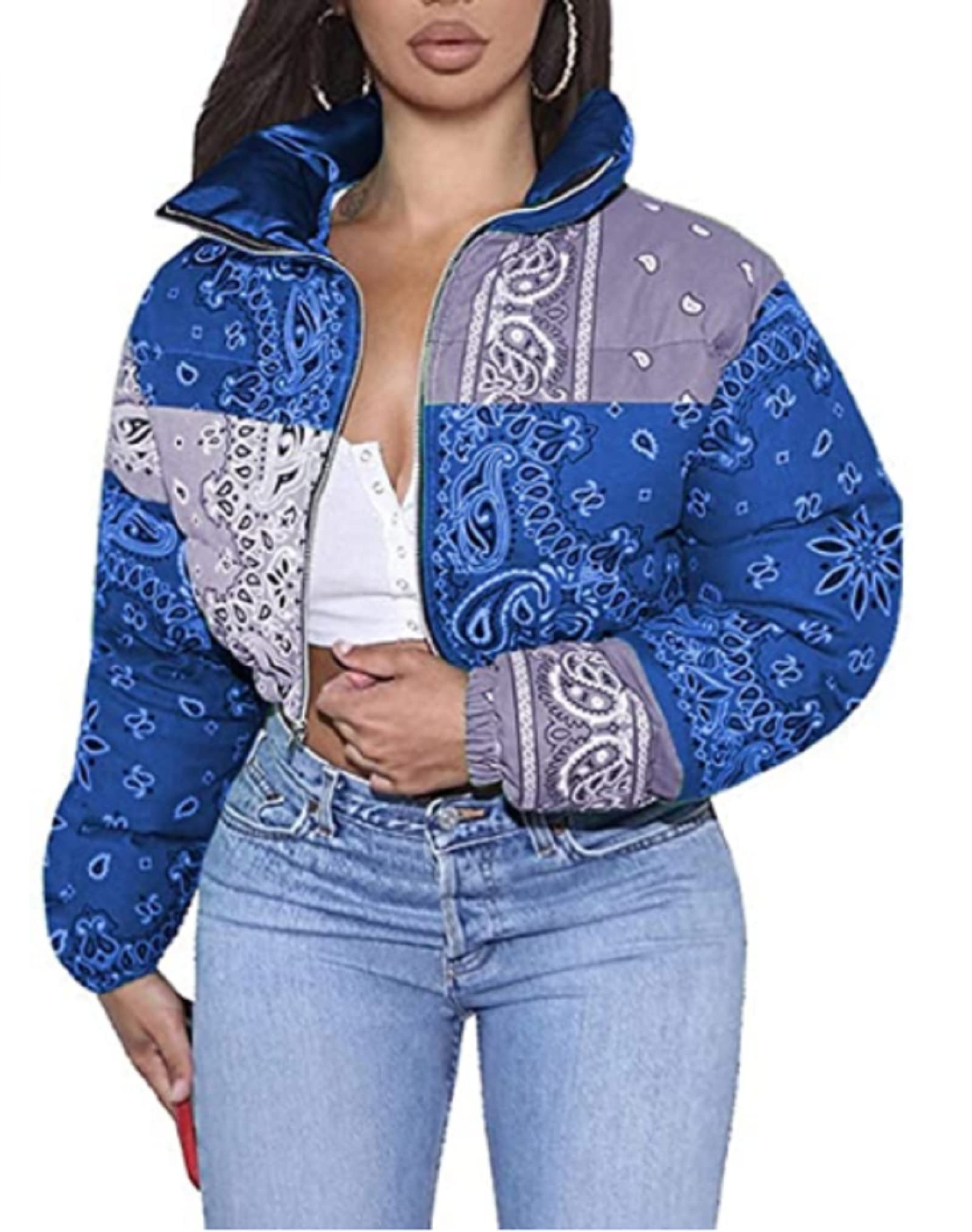 NUFIWI Women's Lightweight Puffer Cropped Jacket - Bandana Print Down Coat with Zipper, Warm Bubble Coat for Fall & Winter Fashion | Perfect for Casual Outings, Streetwear and Cold Weather Layering