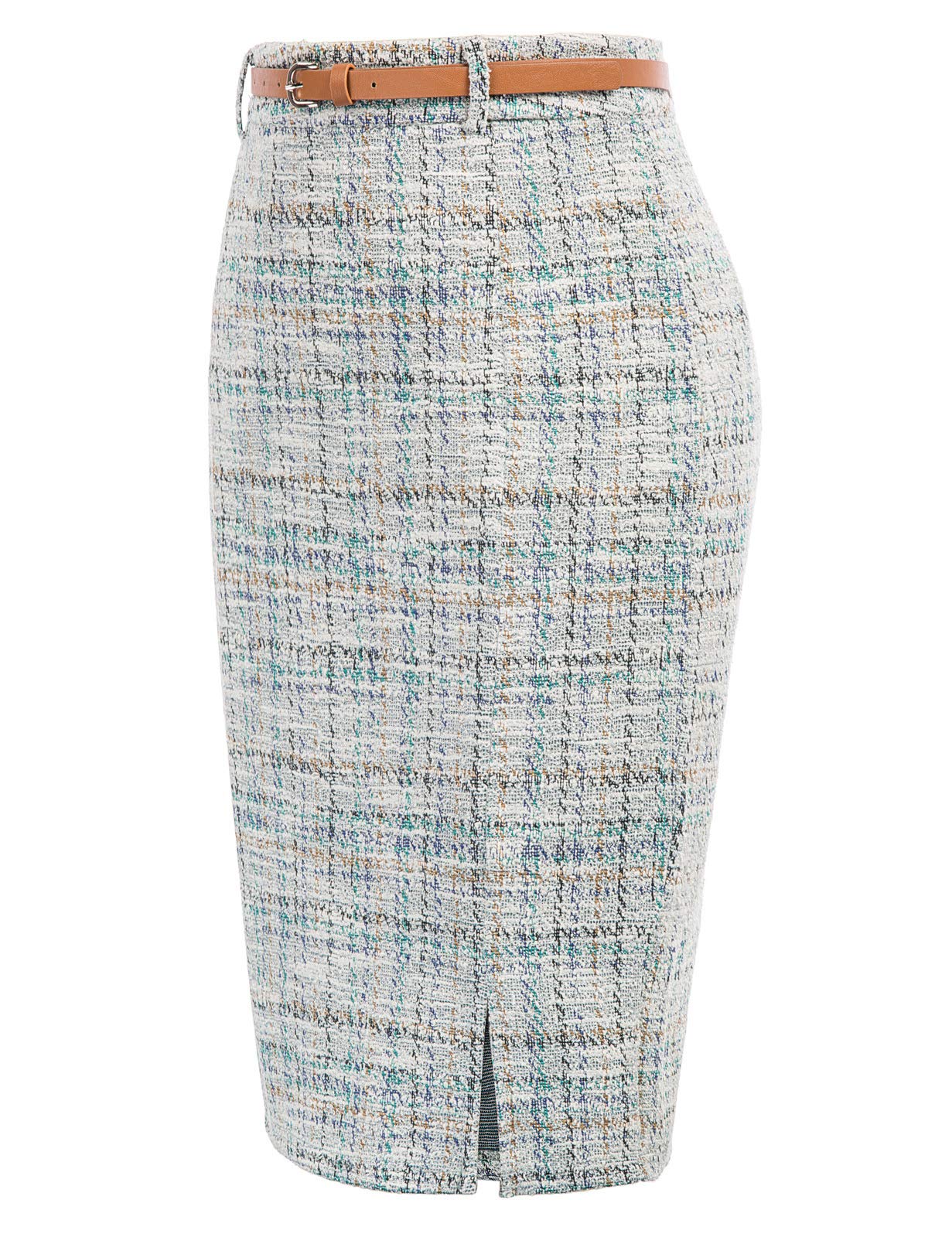 Kate Kasin Women's Tweed Pencil Skirt - Knee-Length Stretch Slim Fit Skirt with Belt & Side Slit | Elegant Office Work Skirt for Business, Cocktail Parties & Formal Events