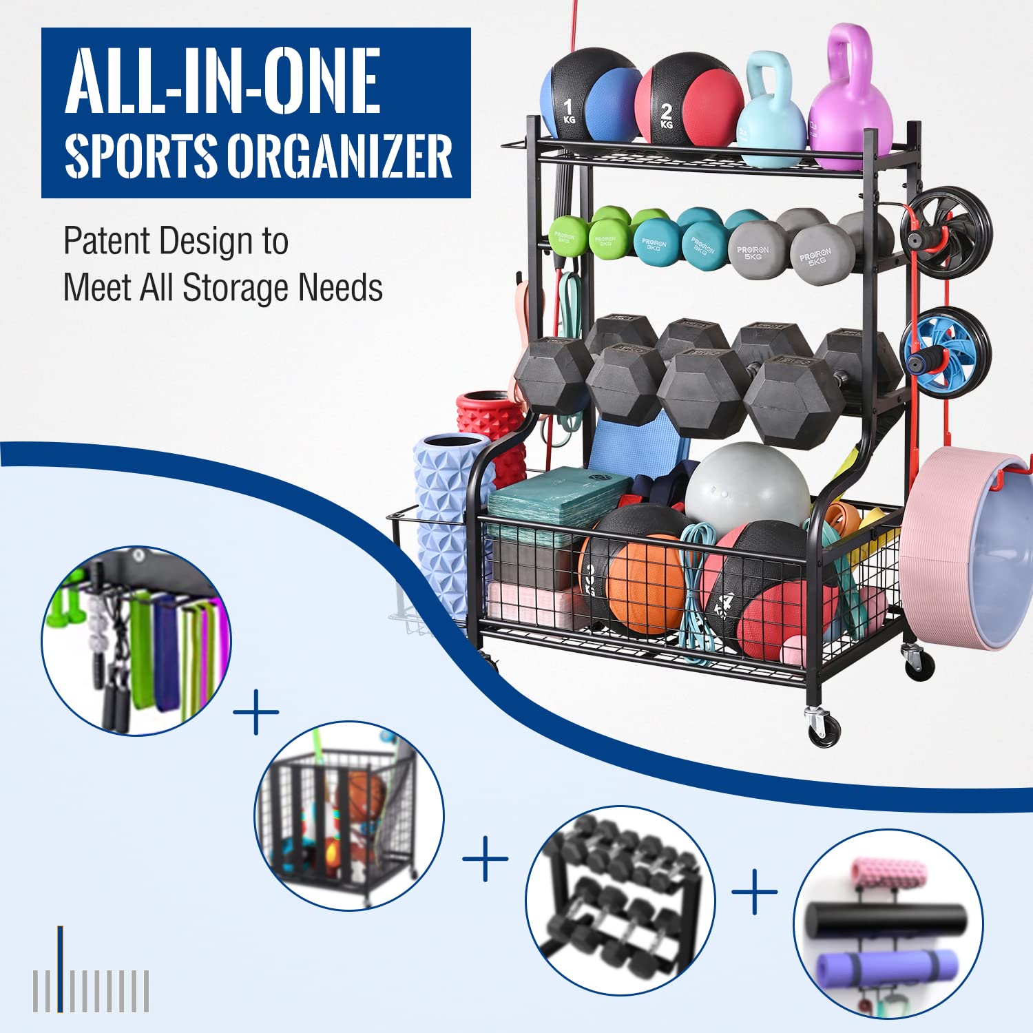 Mythinglogic Adjustable Dumbbell Rack with Wheels - Heavy Duty Home Gym Storage Organizer for Dumbbells, Kettlebells & Yoga Mats - Space Saving Workout Equipment Rack with Hooks - Perfect for Garage, Basement & Home Fitness Rooms