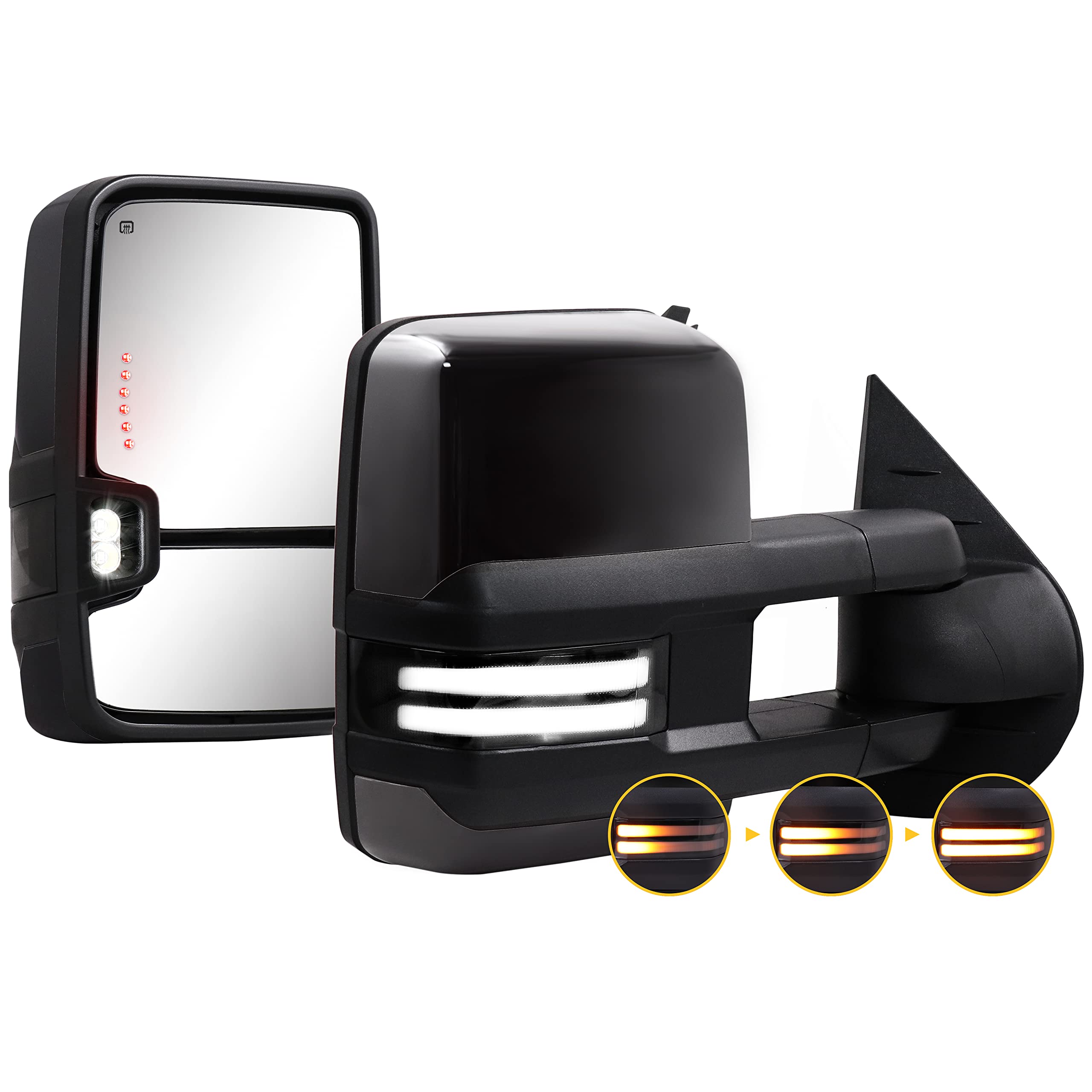 Sanooer Black Painted Towing Mirrors with Switchback Dynamic Turn Signal - Compatible with 2007-2013 Chevy Silverado, Suburban, Tahoe, GMC Sierra & Yukon - Power Glass, Heated, Running Lights & Backup Lamp - Perfect for Towing, Off-Roading & Night Driving