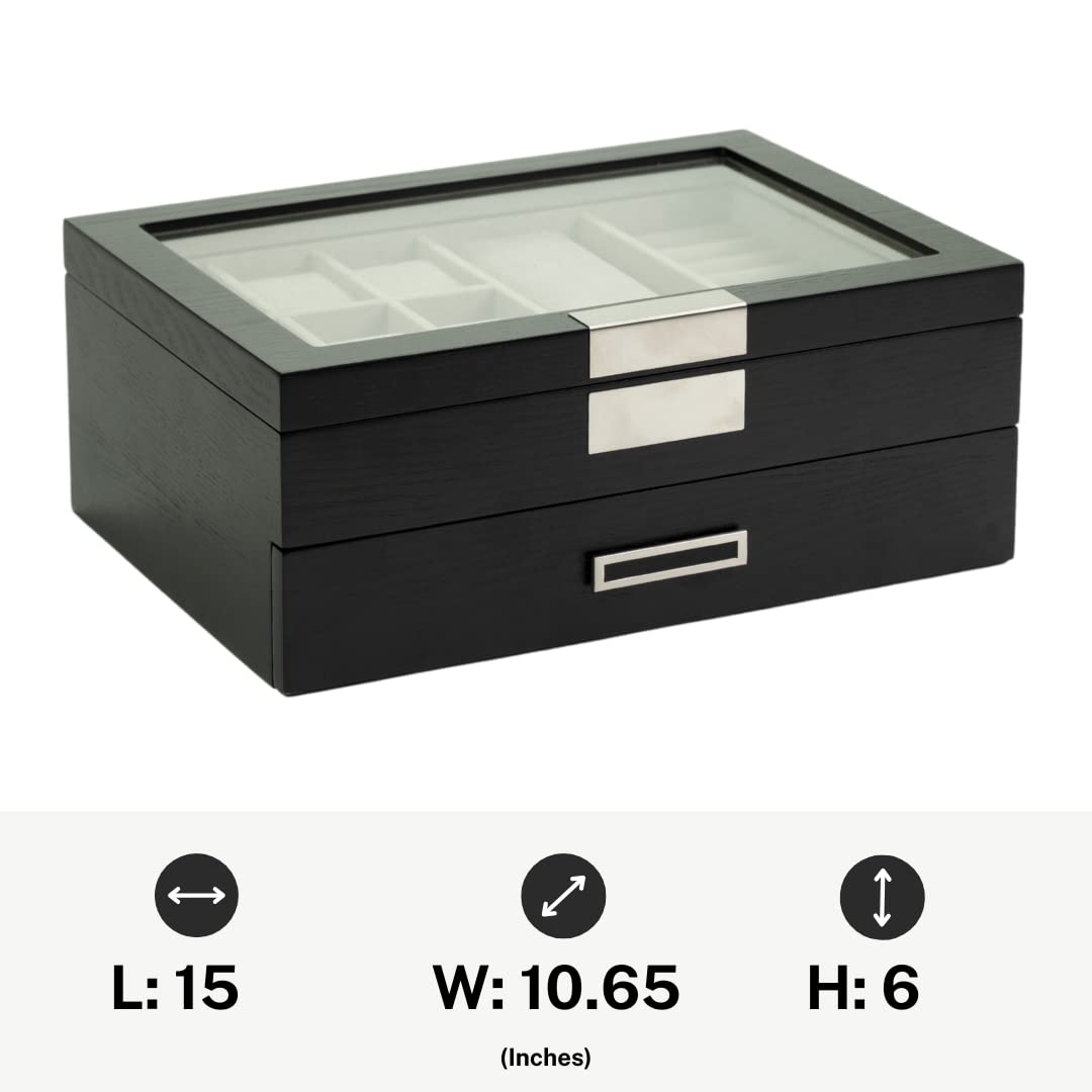 Premium Unisex Black Wooden Valet Tray - Sunglasses & Jewelry Organizer Box for Dresser, Nightstand, and Entryway Storage