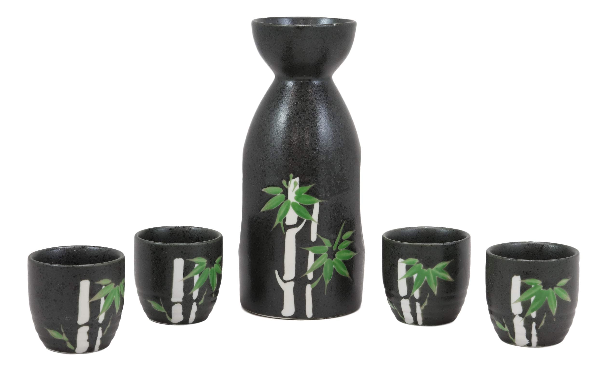 Ebros Gift Traditional Japanese Black Porcelain Sake Set - 1 Tokkuri Serving Flask (10oz) & 4 Ochoko Cups (2oz) with Lucky Bamboo Design - Perfect for Ceremonies, Gifts & Asian Dining Experiences