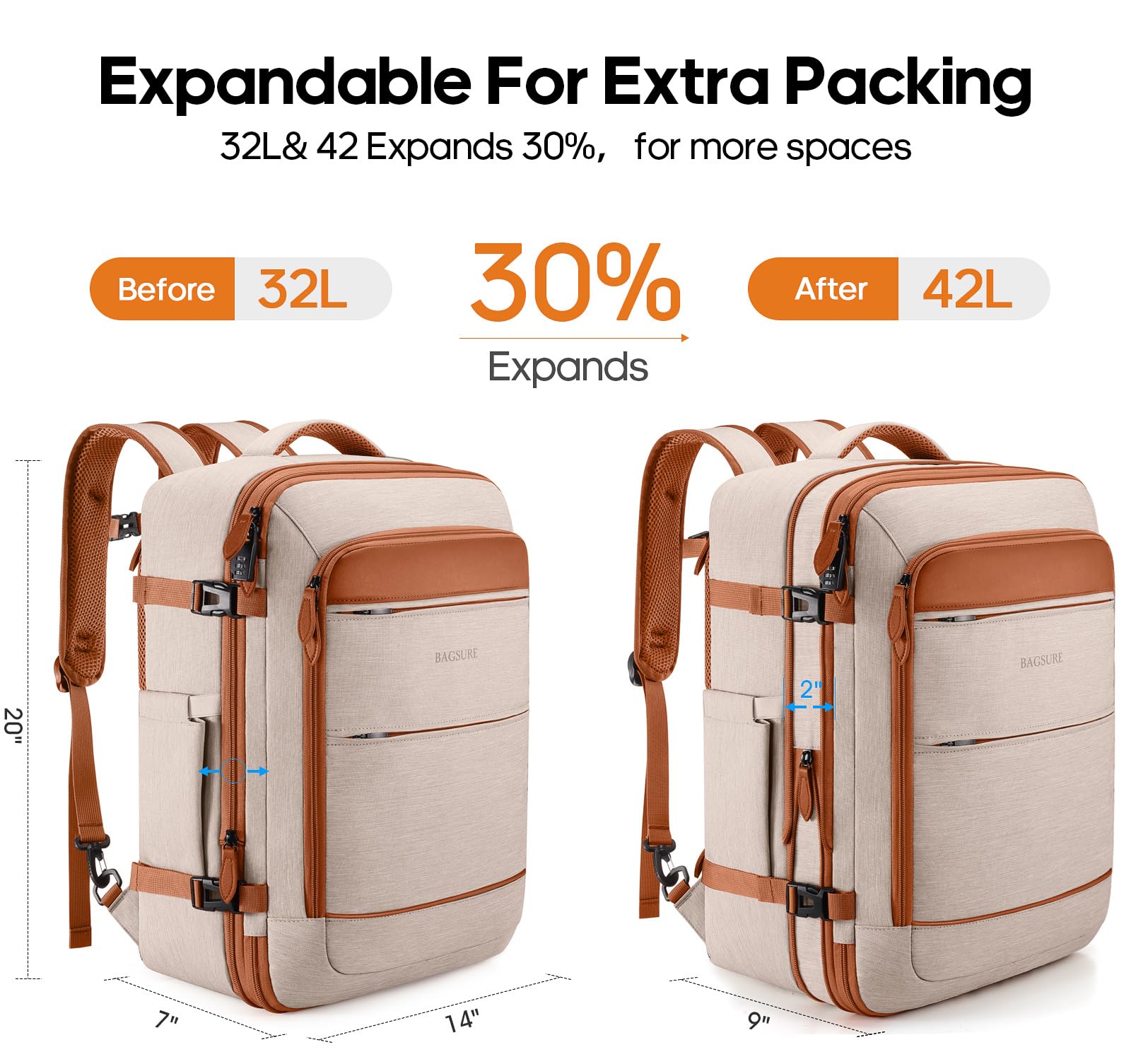 Bagsure 42L Expandable Travel Backpack - Flight Approved Carry-On & Laptop Bag for Business Trips