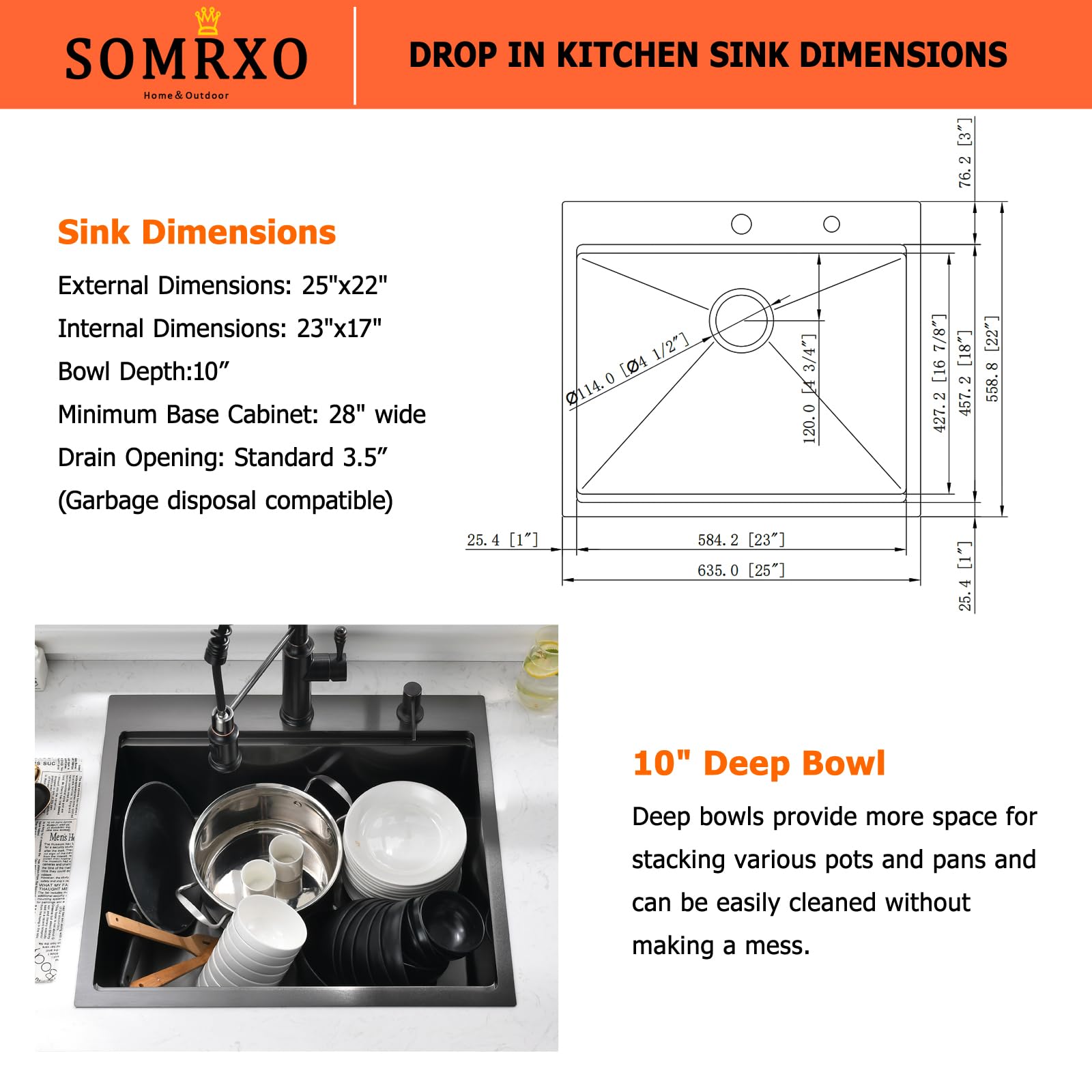 25x22 Inch Drop-In Kitchen Sink - 16 Gauge Gunmetal Black Stainless Steel Single Bowl Top Mount Sink, 10 Inch Deep Workstation Sink for Modern Kitchens | Perfect for Food Prep, Dishwashing & Entertaining