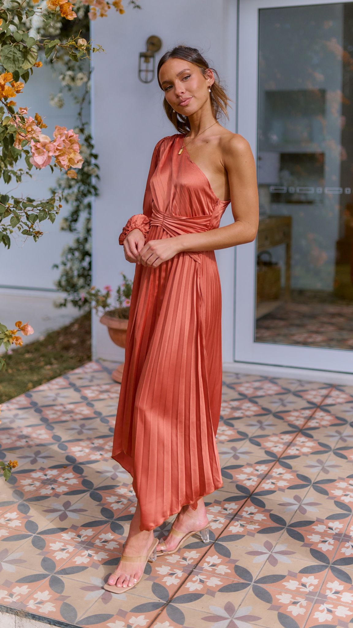 Brooklyn One Shoulder Midi Dress in Copper - Elegant Cocktail Party & Evening Wear for Women