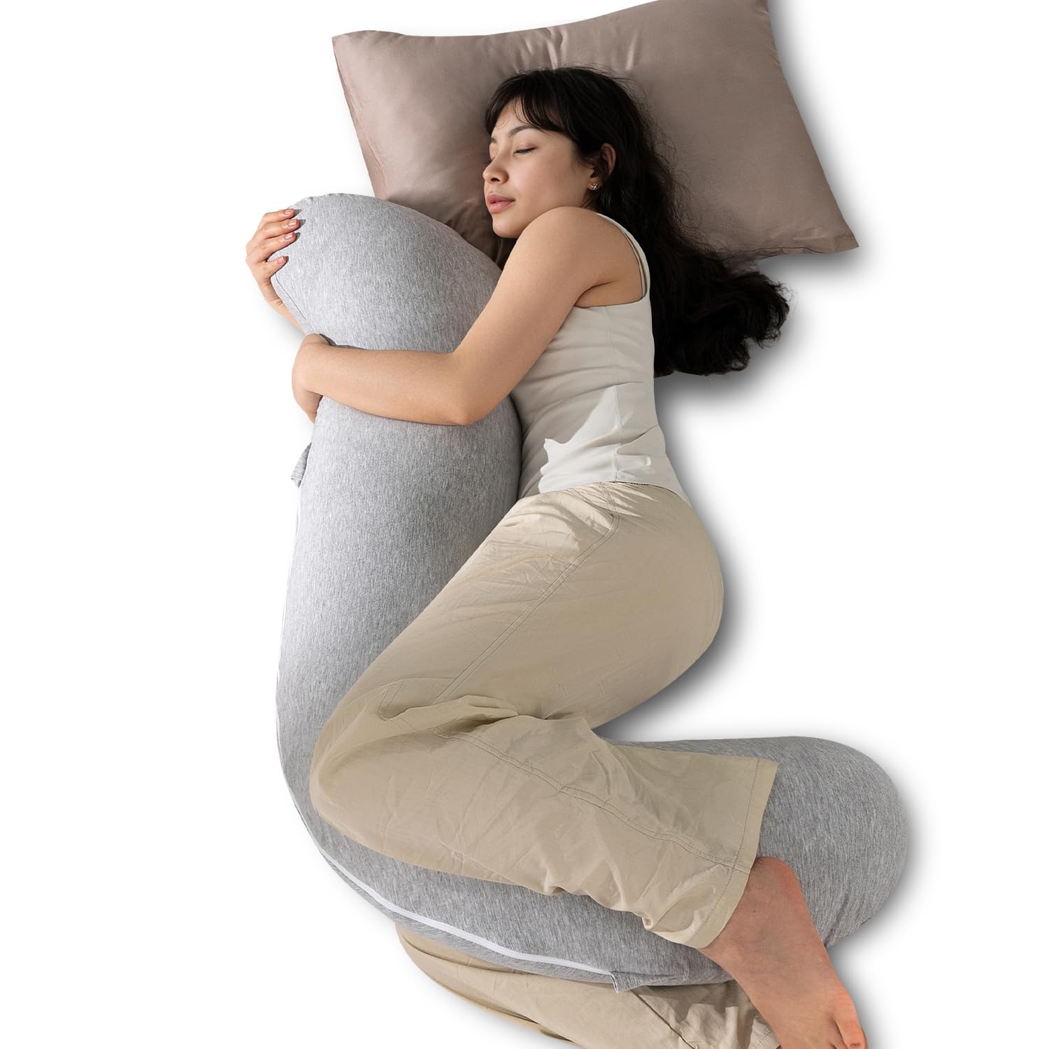 QUEEN ROSE Full Body Support Pillow for Side Sleepers - Cooling S-Shaped Hug Pillow with Removable Cover for Adults, Light Grey | Perfect for Pregnancy Support, Back Pain Relief & Comfortable Sleeping