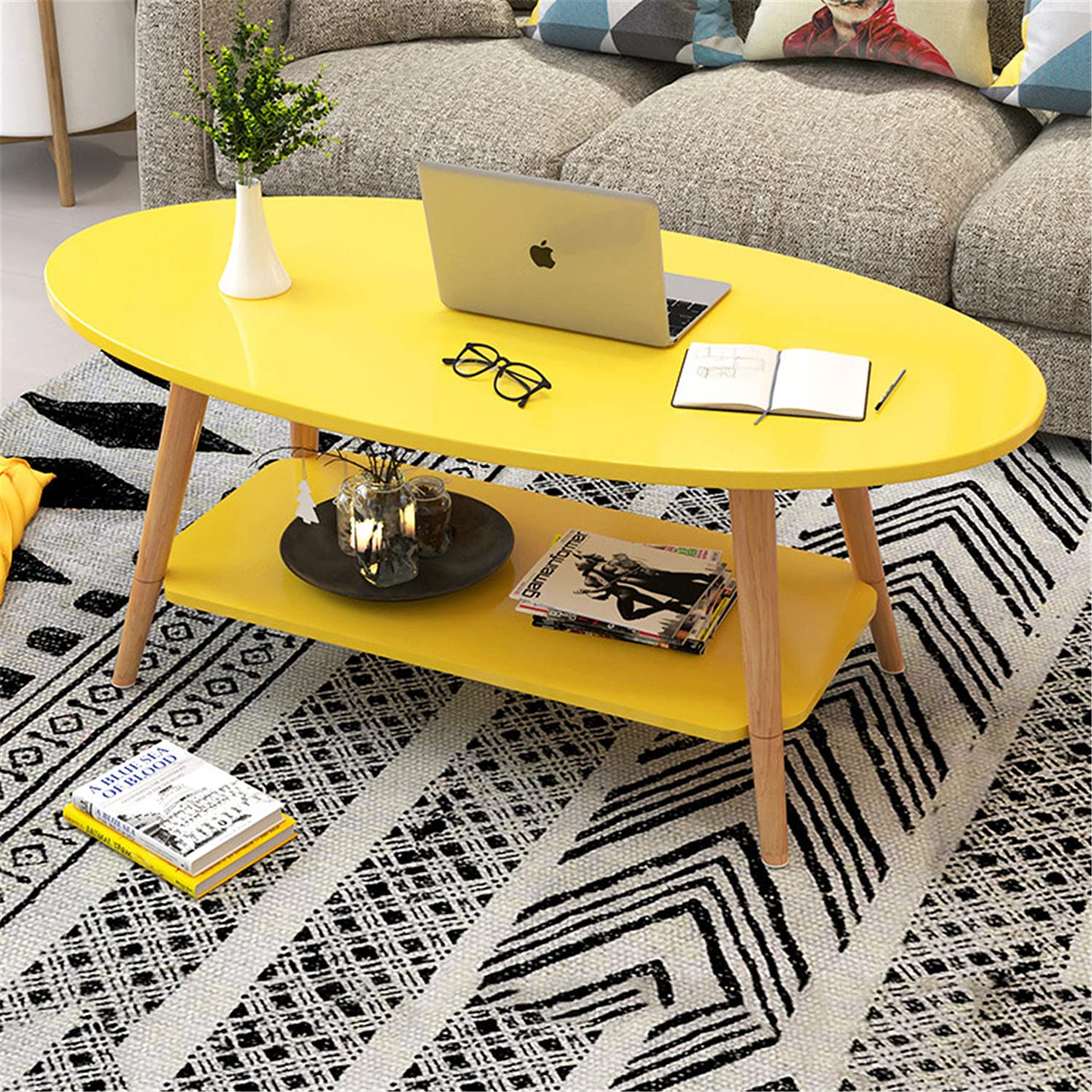 Modern Oval Coffee Table with Open Shelving - 2-Tier Wooden Sofa Table for Living Room Storage & Display | Simple Design Accent Furniture for Home Decor | Yellow Finish | Perfect for Small Spaces, Apartments & Cozy Living Areas