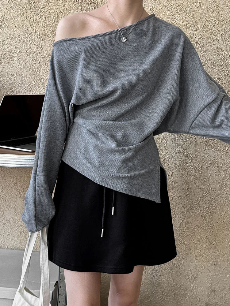 Black Pleated Sweatshirt for Women - Oversized Drop Shoulder Long Sleeve Pullover with Asymmetrical Collar | Trendy 2025 Fall Fashion | Perfect for Casual Outings, Layering & Streetwear Style