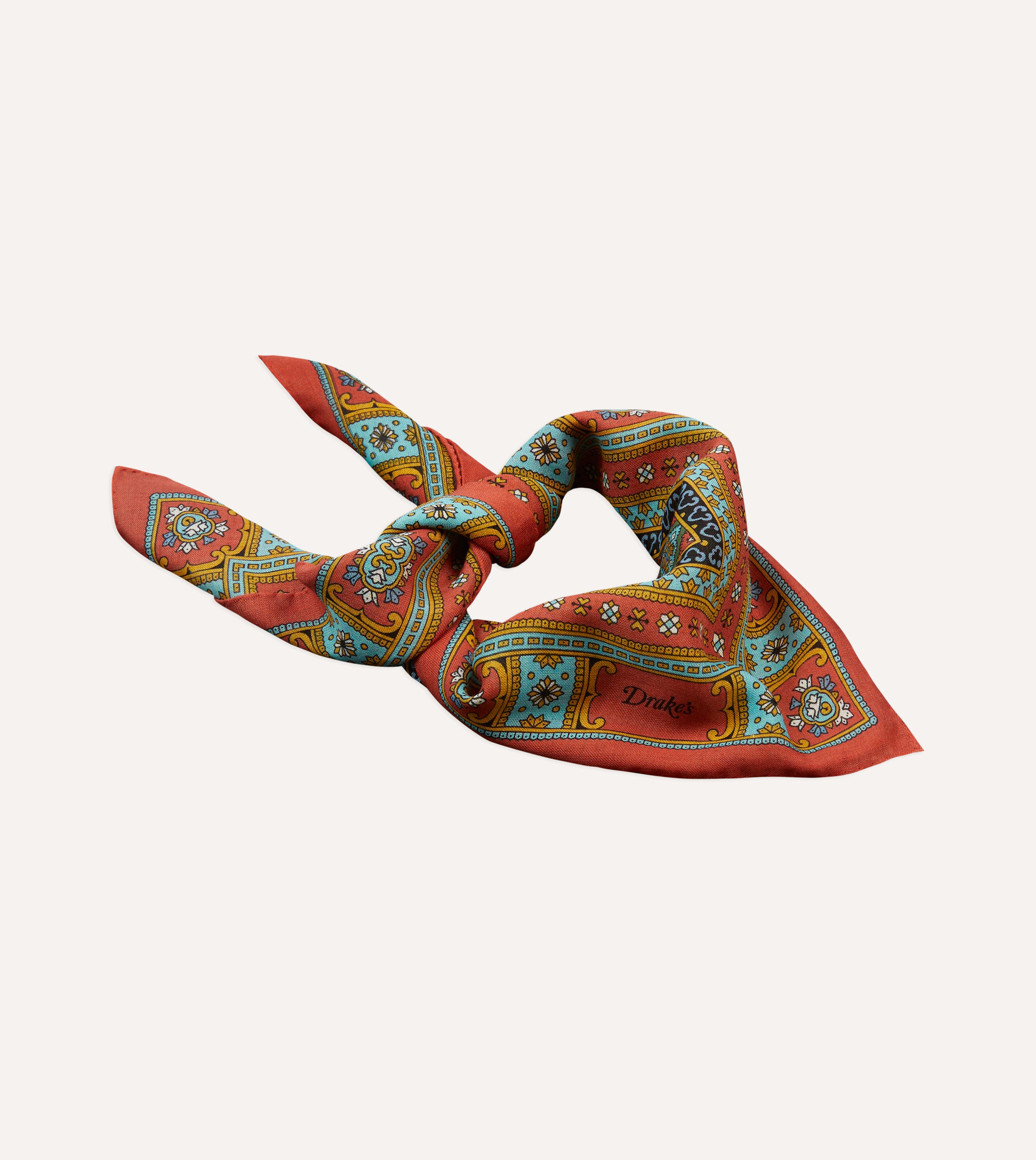 Red, Blue & Gold Floral Medallion Print Wool Silk Bandana Scarf - Stylish Hair Accessory & Neck Scarf for Women, Perfect for Boho Outfits, Festivals & Everyday Fashion
