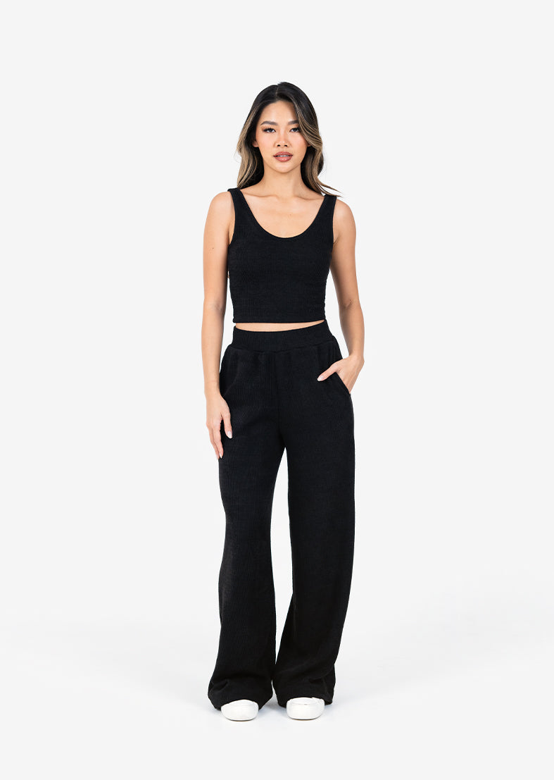 Rib Knit Lounge Cropped Tank Top - Soft Stretchy Black Women's Casual Shirt for Yoga, Sleep & Home Relaxation