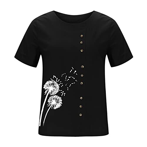 Women's Striped Short Sleeve Crew Neck Floral Print Linen T-Shirt - Casual Summer Blouse Top (Black, XXL) | Perfect for Beach Outings, Weekend Brunch & Casual Office Wear