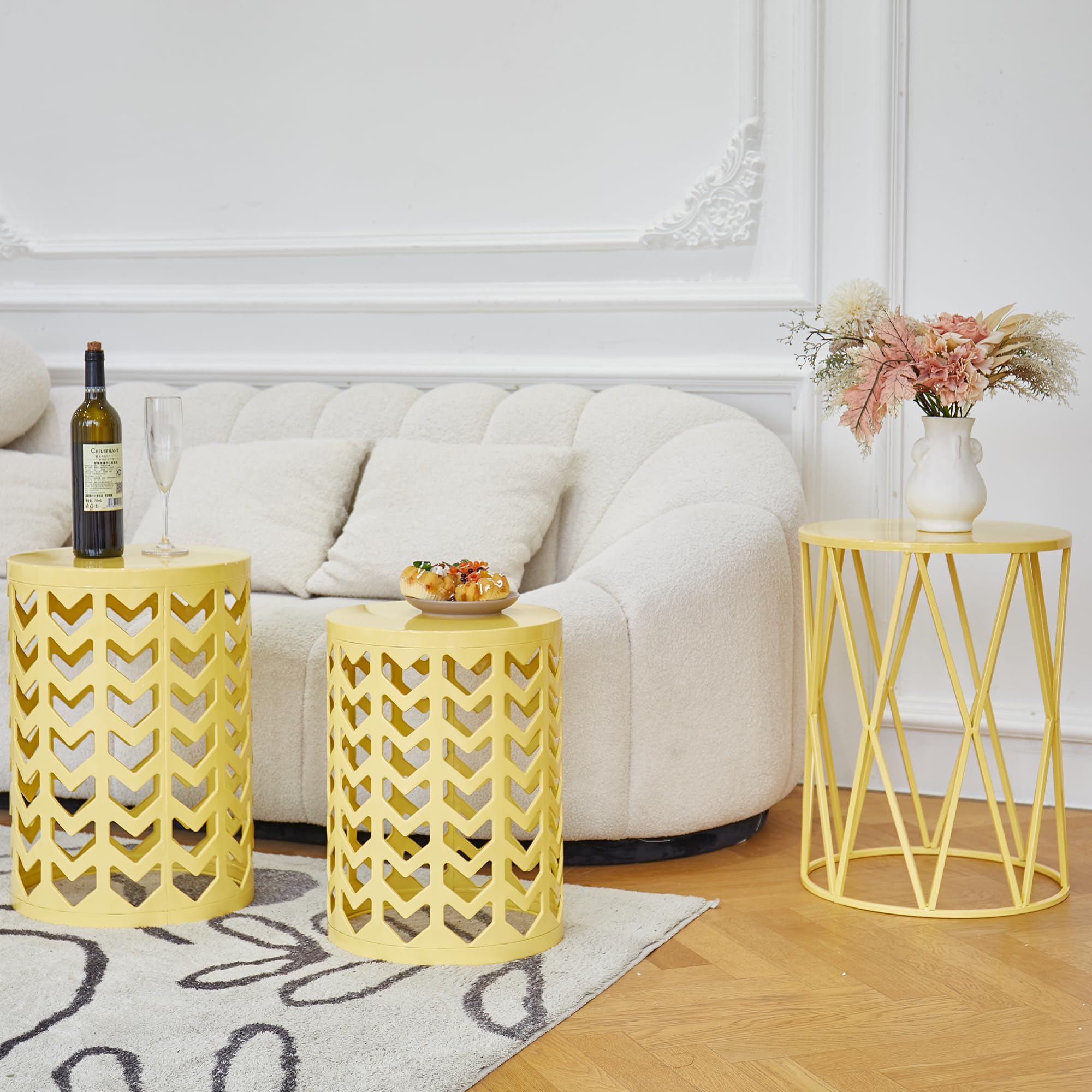 Y&M Set of 3 Round Nesting Metal Coffee Tables - Indoor/Outdoor Side Tables, End Tables, Plant Stands & Decorative Stools - Heavy Duty Yellow Garden Furniture (Perfect for Living Room, Patio, Balcony & Office Decor) - Ships from USA