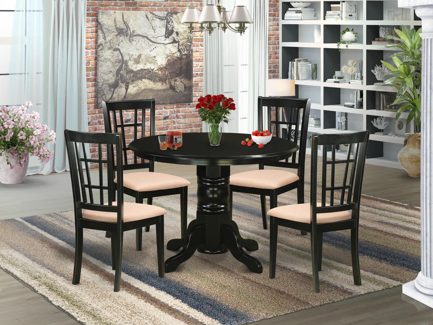 East West Furniture SHNI5-BLK-C 5-Piece Modern Round Dining Table Set with Pedestal Base & 4 Linen Fabric Chairs, 42x42 Inch, Black - Perfect for Small Kitchens, Breakfast Nooks & Compact Dining Spaces