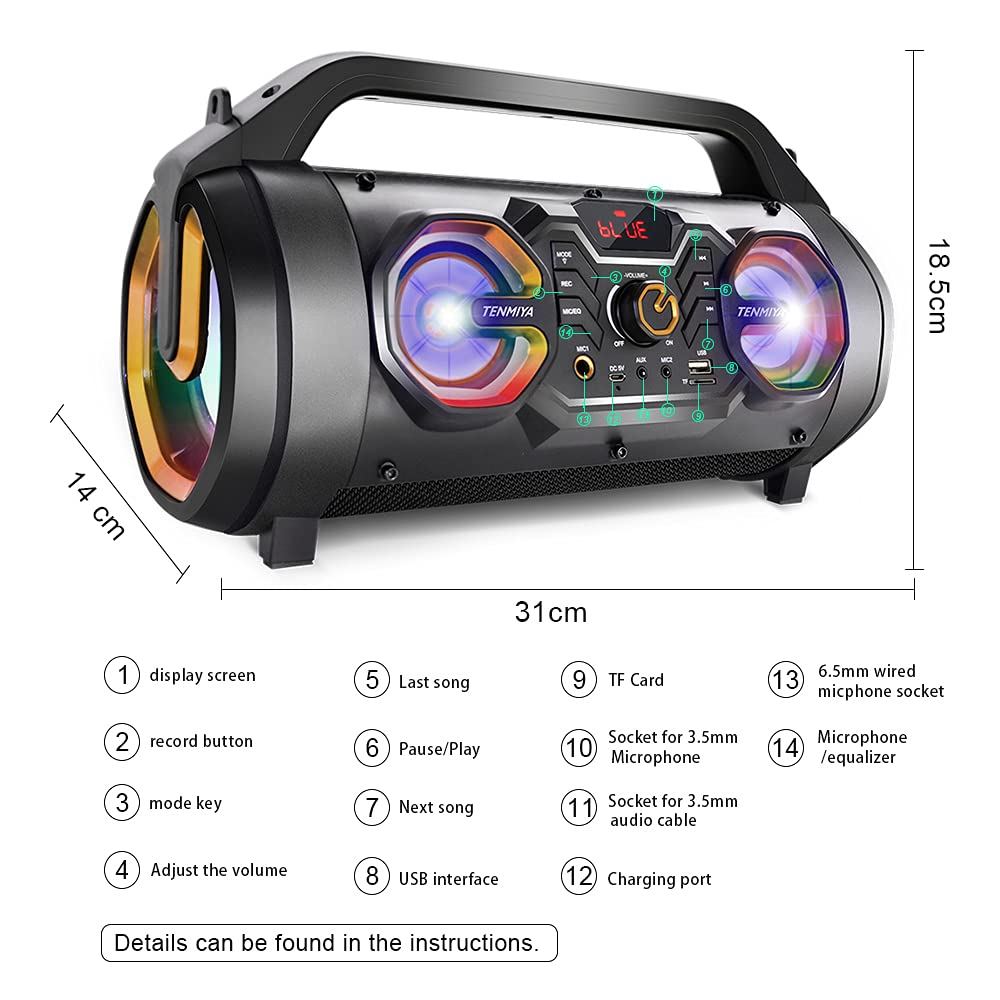 30W Bluetooth Speaker with Subwoofer, FM Radio, Colorful Lights, USB/AUX/TF Card/Mic Jack, Remote Control - Portable Wireless Boombox for Home, Party, Camping, Travel, and Outdoor Adventures