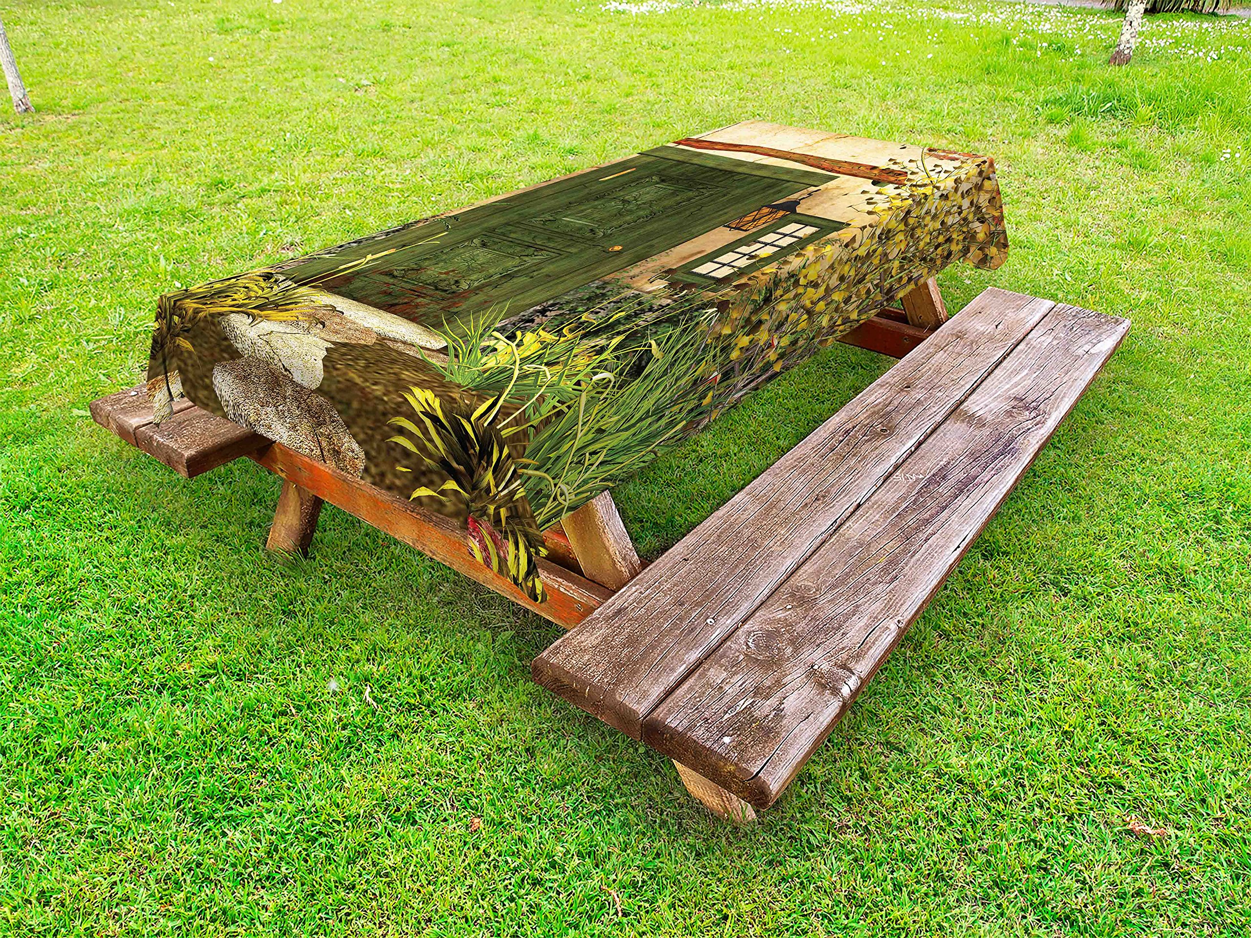 Rustic Outdoor Tablecloth - Cottage Door Garden Design with Overgrown Bushes & Trees, Washable Picnic Table Cover 58x84 inches, Green Ivory Yellow - Perfect for Patio Dining, Backyard BBQs, and Countryside Picnics