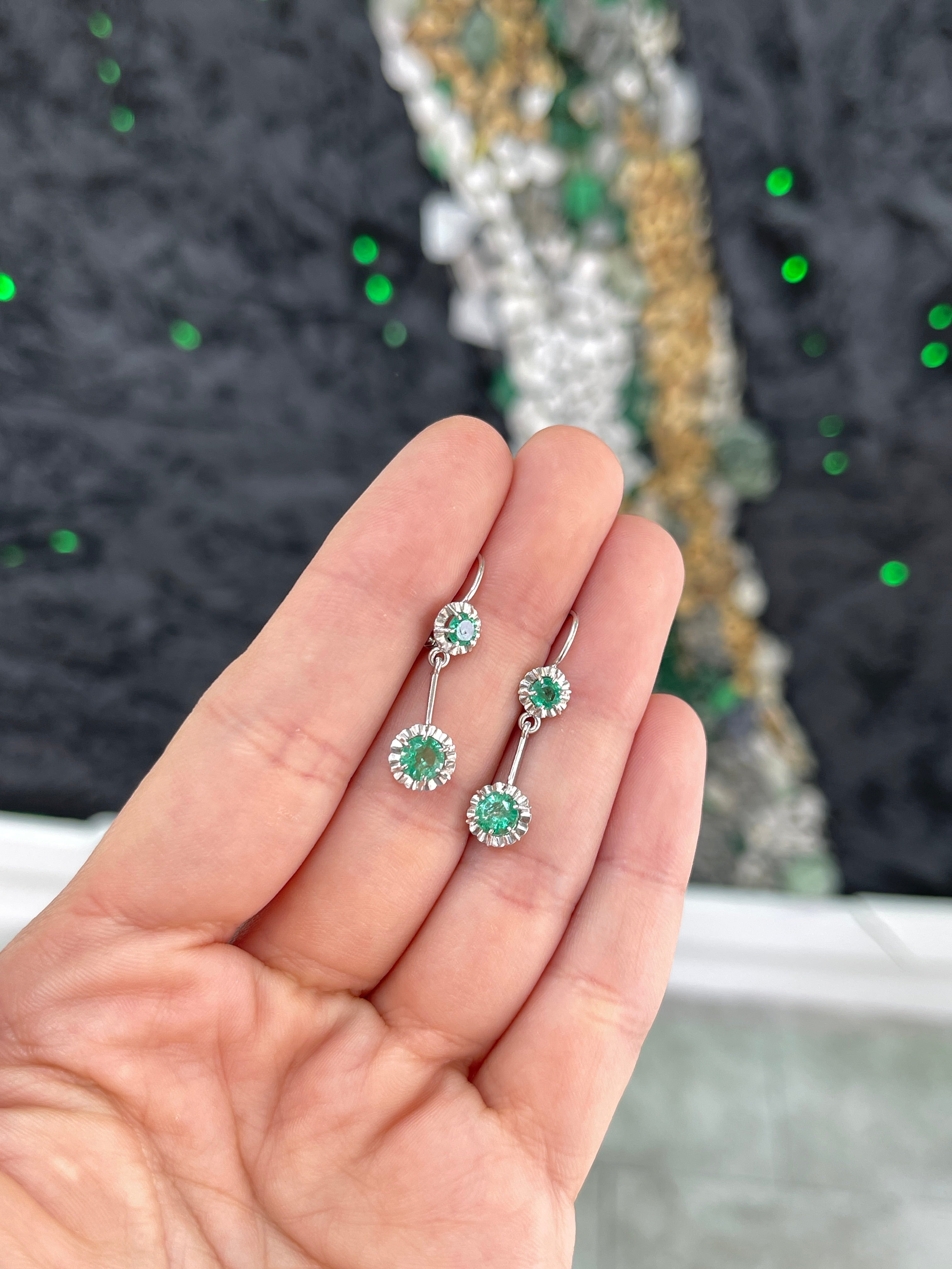 Natural Round Emerald Dangle Earrings - 14K White Gold Buttercup Setting, 31mm Leverback Drop Earrings for Women | Perfect for Weddings, Parties & Special Occasions