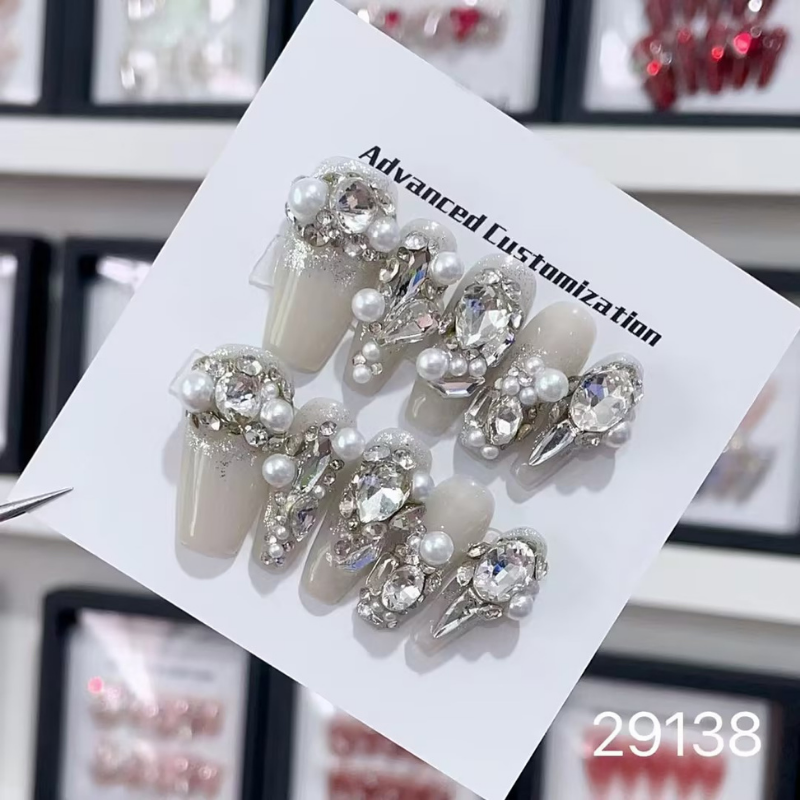 Pearl Dust Press on Nails - Long Lasting Fake Nails with Glitter - Perfect for Parties, Weddings & Special Occasions