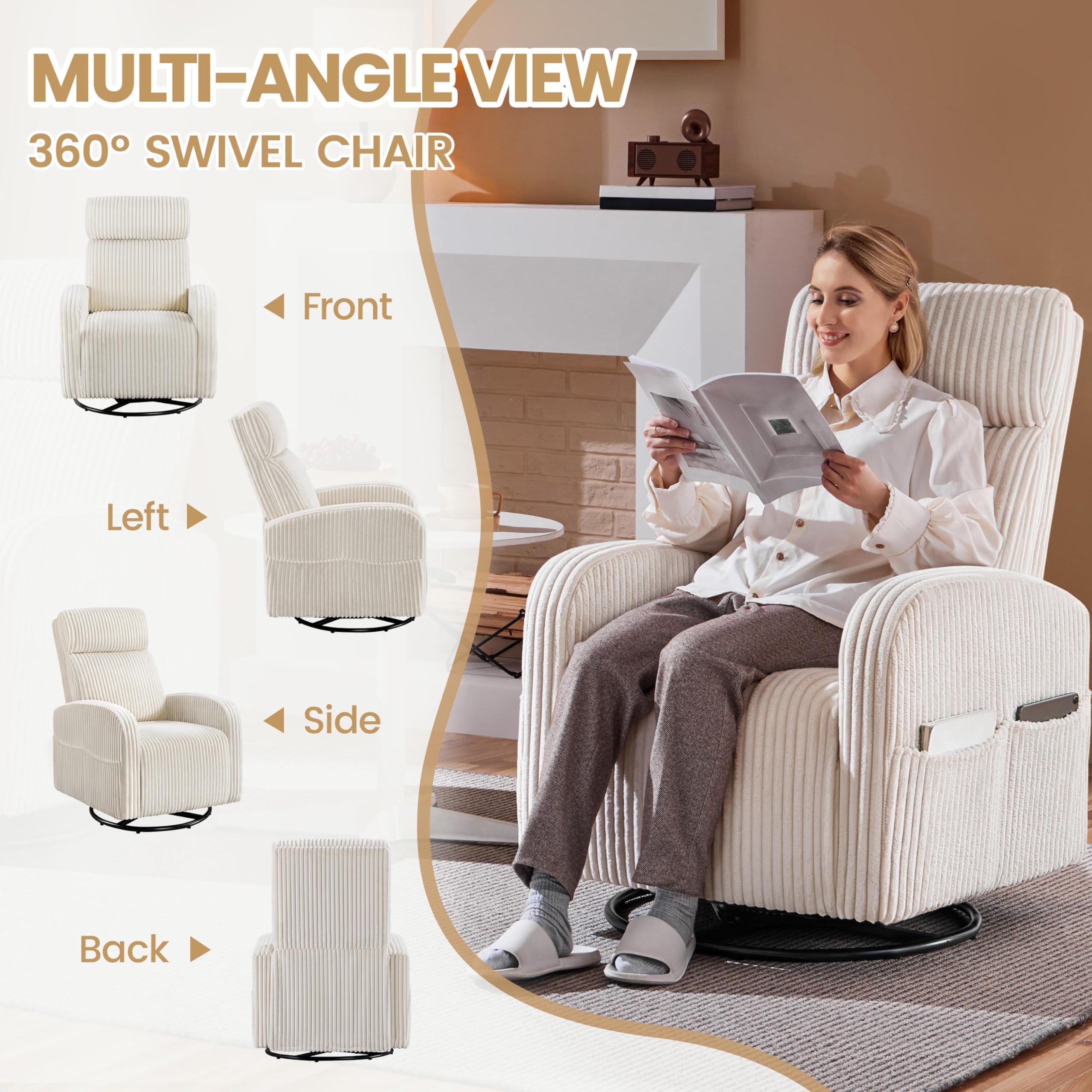 Yaheetech 360° Swivel Glider Rocking Chair - High Back Nursery Nursing Chair with Side Pockets, Soft Corduroy Upholstery, Beige - Perfect for Baby Nurseries, Living Rooms & Breastfeeding Comfort