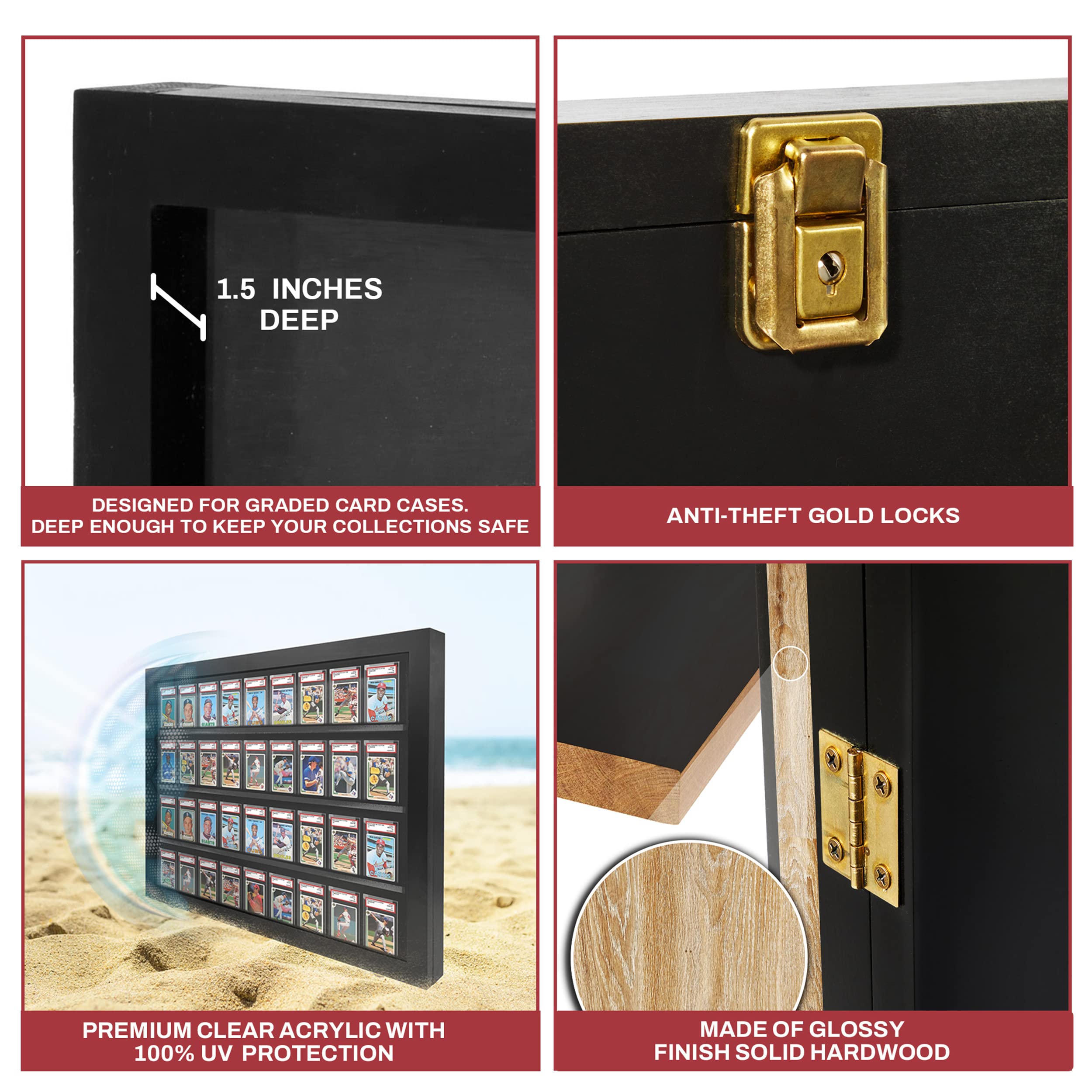 Baseball Card Display Case - 36 Graded Sports Card Frame with Lock & UV Protection | PSA Certified Case for Pokemon, Football & Basketball Cards | Perfect for Collectors & Home Decor