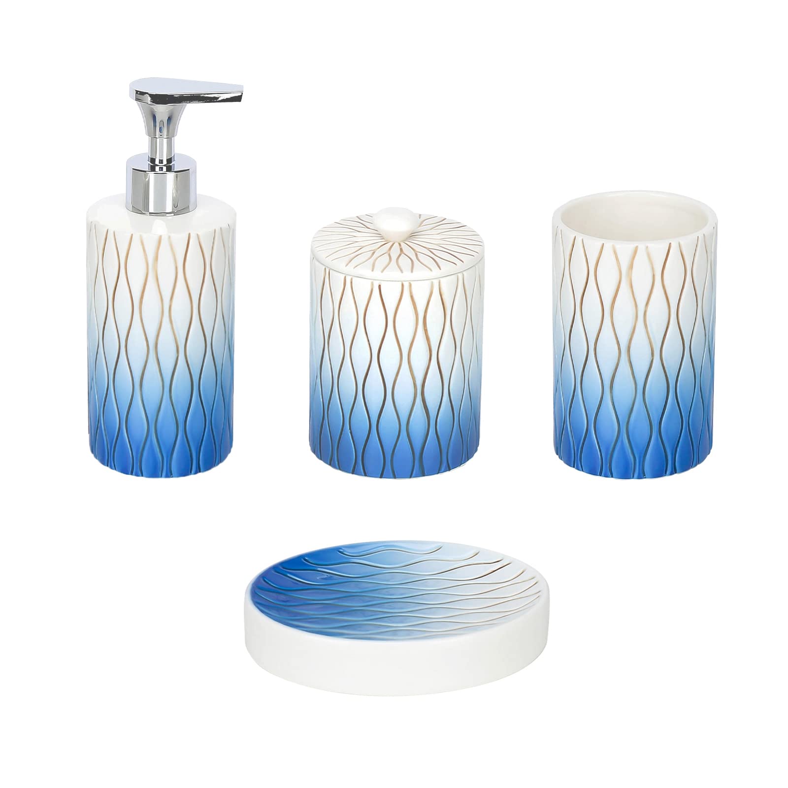 Navy Blue Ceramic Bathroom Accessories Set - 4 Piece Hand-Carved Boho Decor with Toothbrush Holder & Soap Dispenser | Modern Apartment Essentials for Bathroom Organization & Stylish Home Decor