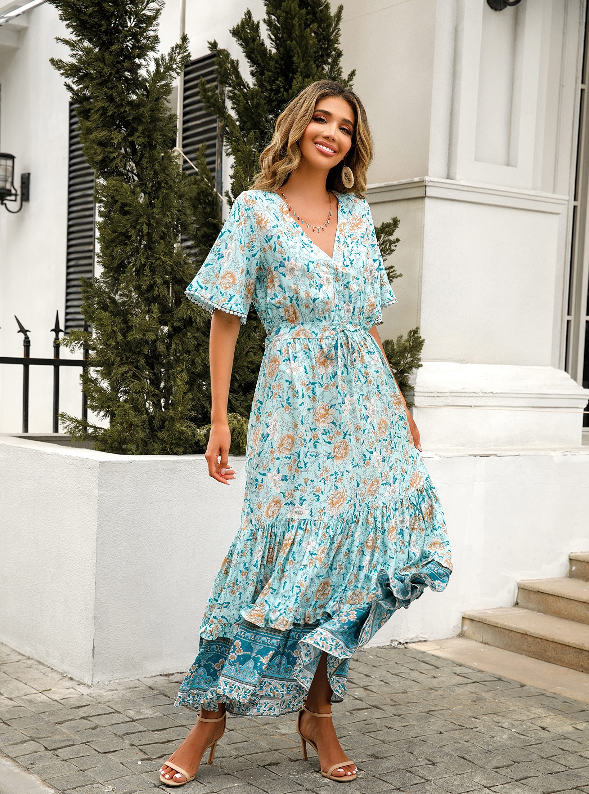 R.Vivimos Women's Summer Boho V-Neck Button Up Short Sleeve Floral Print Ruffle Hem Maxi Dress - Beach Vacation, Music Festival & Date Night Outfit