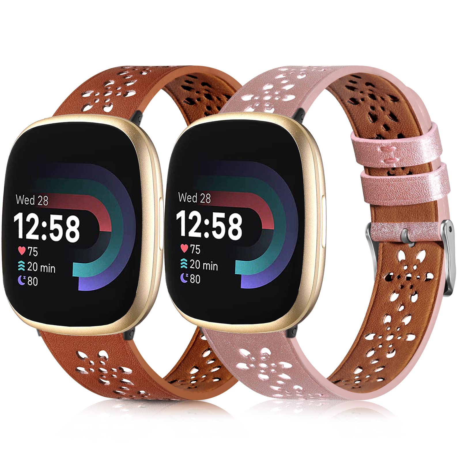Premium Leather Bands for Fitbit Versa 3/4 & Sense 1/2 - Floral Hollow-Out Lace Replacement Strap for Women & Men | Elegant Watch Accessory for Work, Gym & Daily Wear