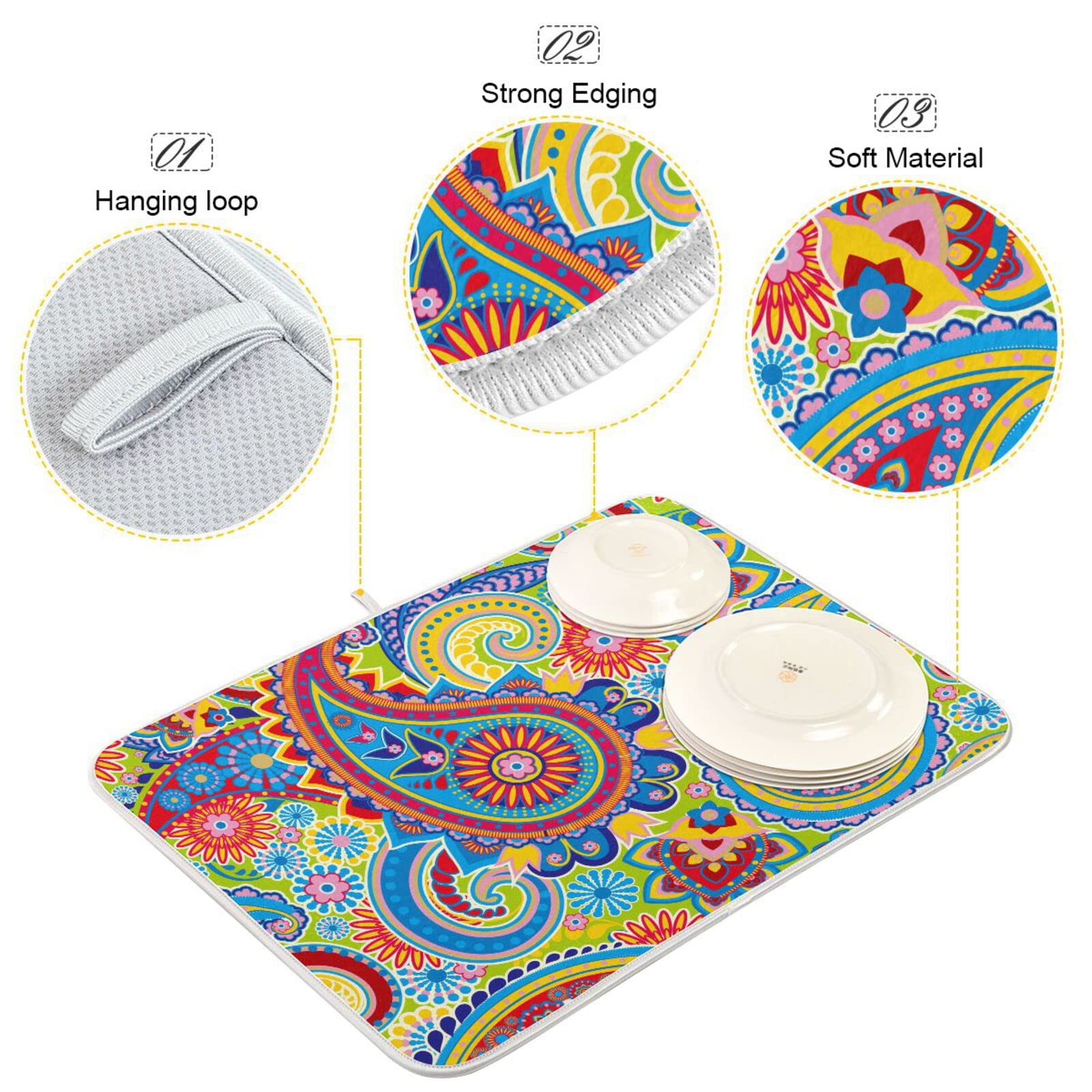 Paisley Dish Drying Mat - Microfiber Kitchen Countertop Drainer (16x18