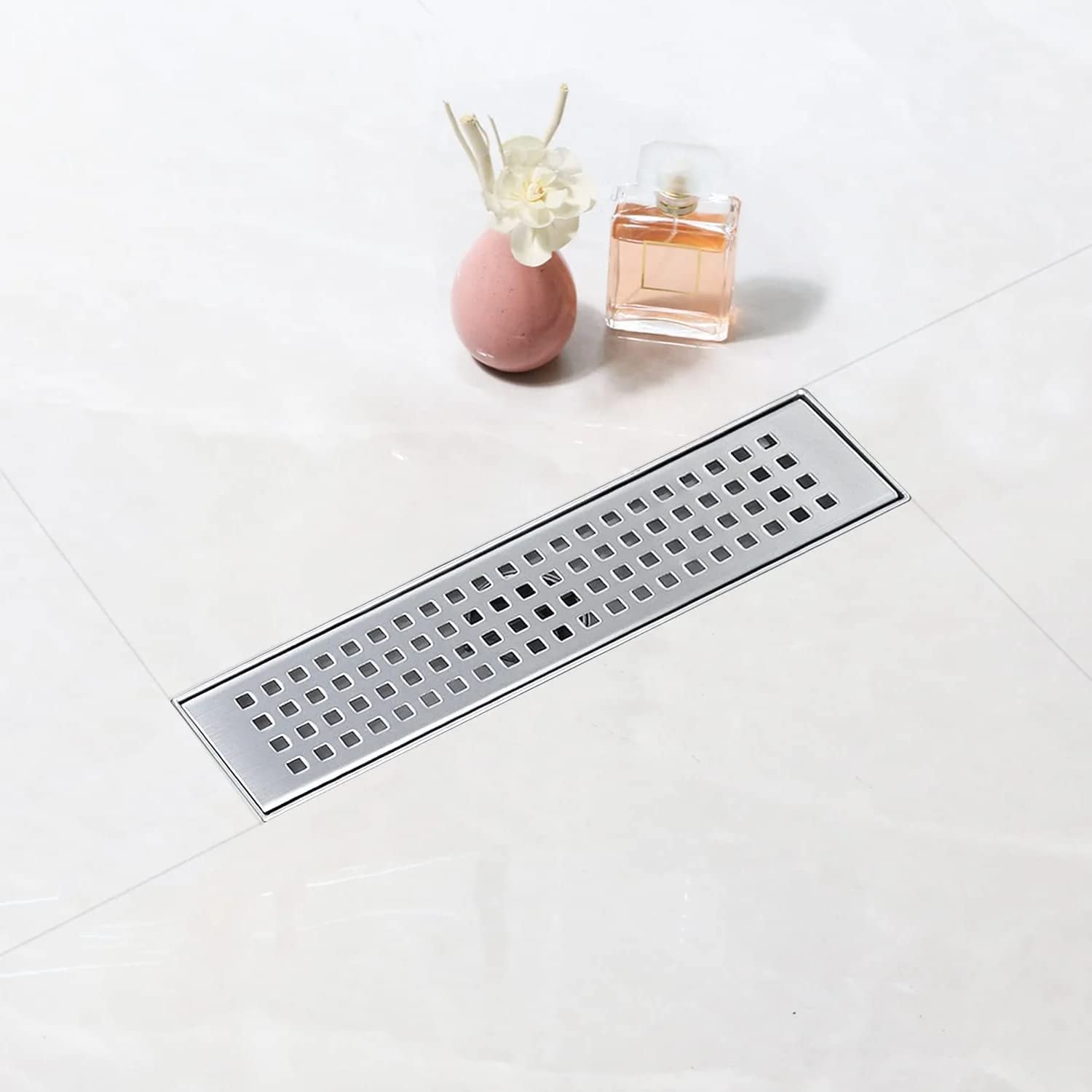 12 Inch Linear Shower Drain with Removable Grate - AISI 304 Stainless Steel Shower Floor Drain with Hair Catcher & Adjustable Leveling Feet - Modern Bathroom Drainage Solution for Walk-In Showers and Wet Rooms