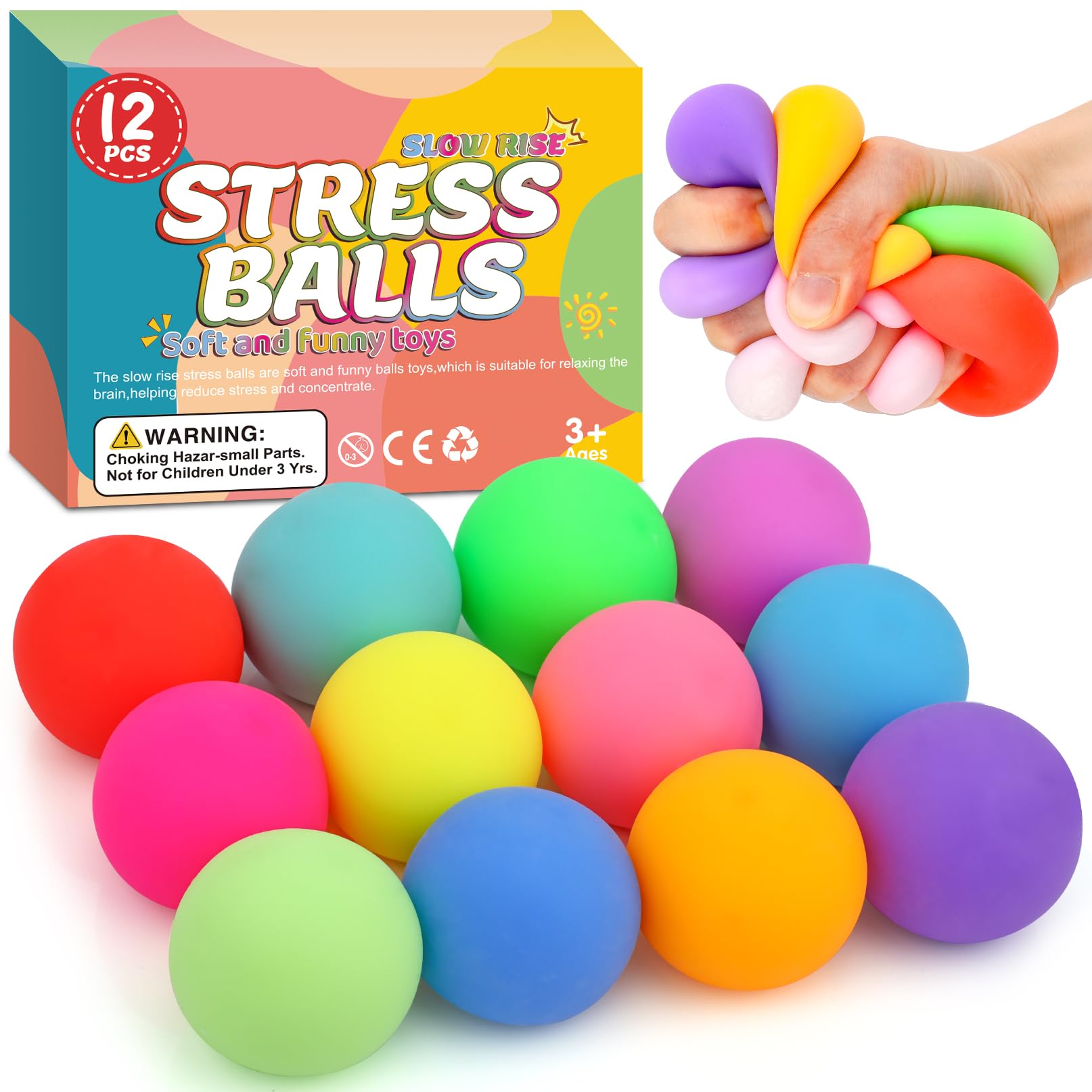 12 Pack Slow Rising Stress Balls for Adults & Kids - Squishy Fidget Toys for Anxiety Relief, Hand Therapy & Sensory Play - Perfect for Classroom Prizes, Party Favors & Office Stress Relief