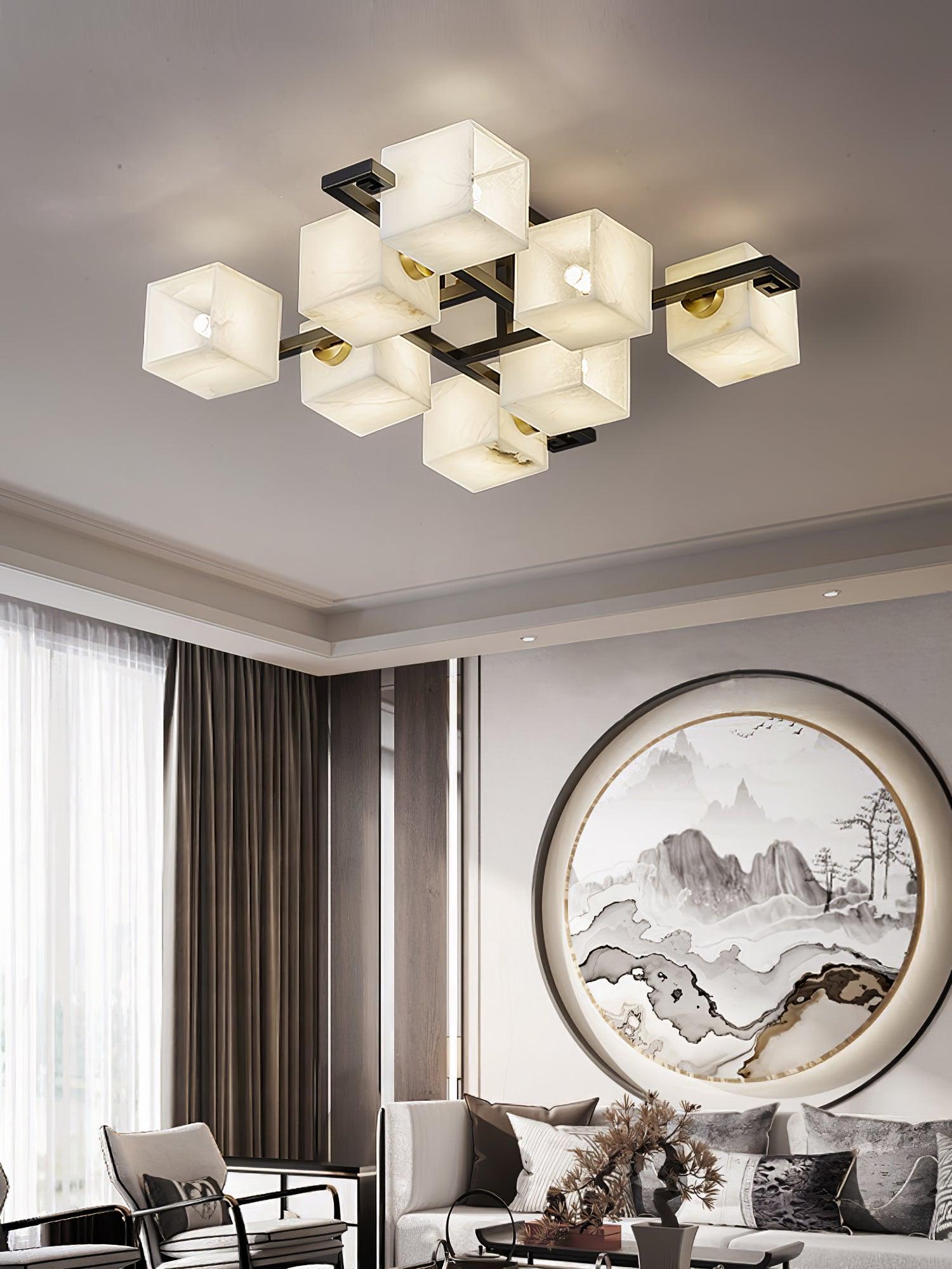 Modern Cubist Alabaster Cluster Ceiling Light - Geometric Chandelier for Dining Room, Living Room & Bedroom - Elegant Minimalist Lighting for Home Decor