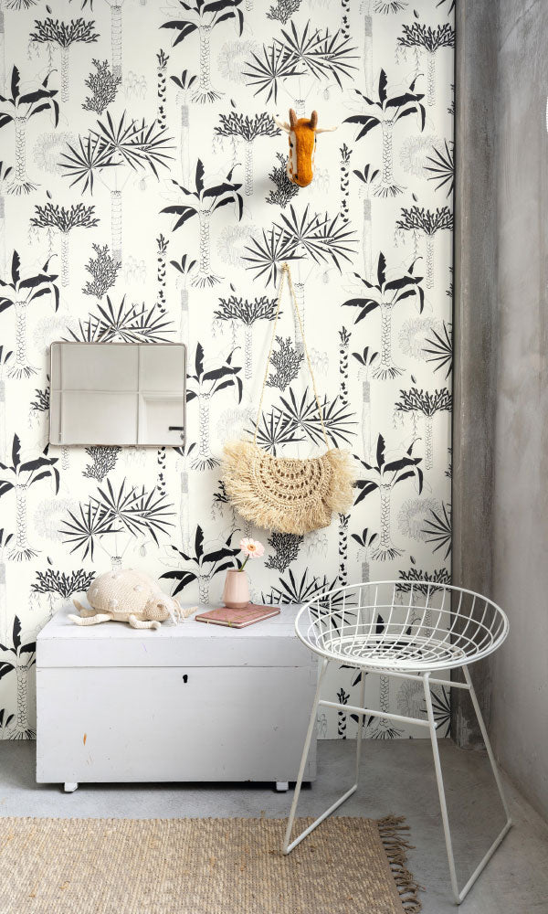 Black & White Whimsical Botanical Wallpaper R6617 - Vintage Floral Print Peel & Stick Wallpaper for Bedroom, Living Room, Nursery Decor