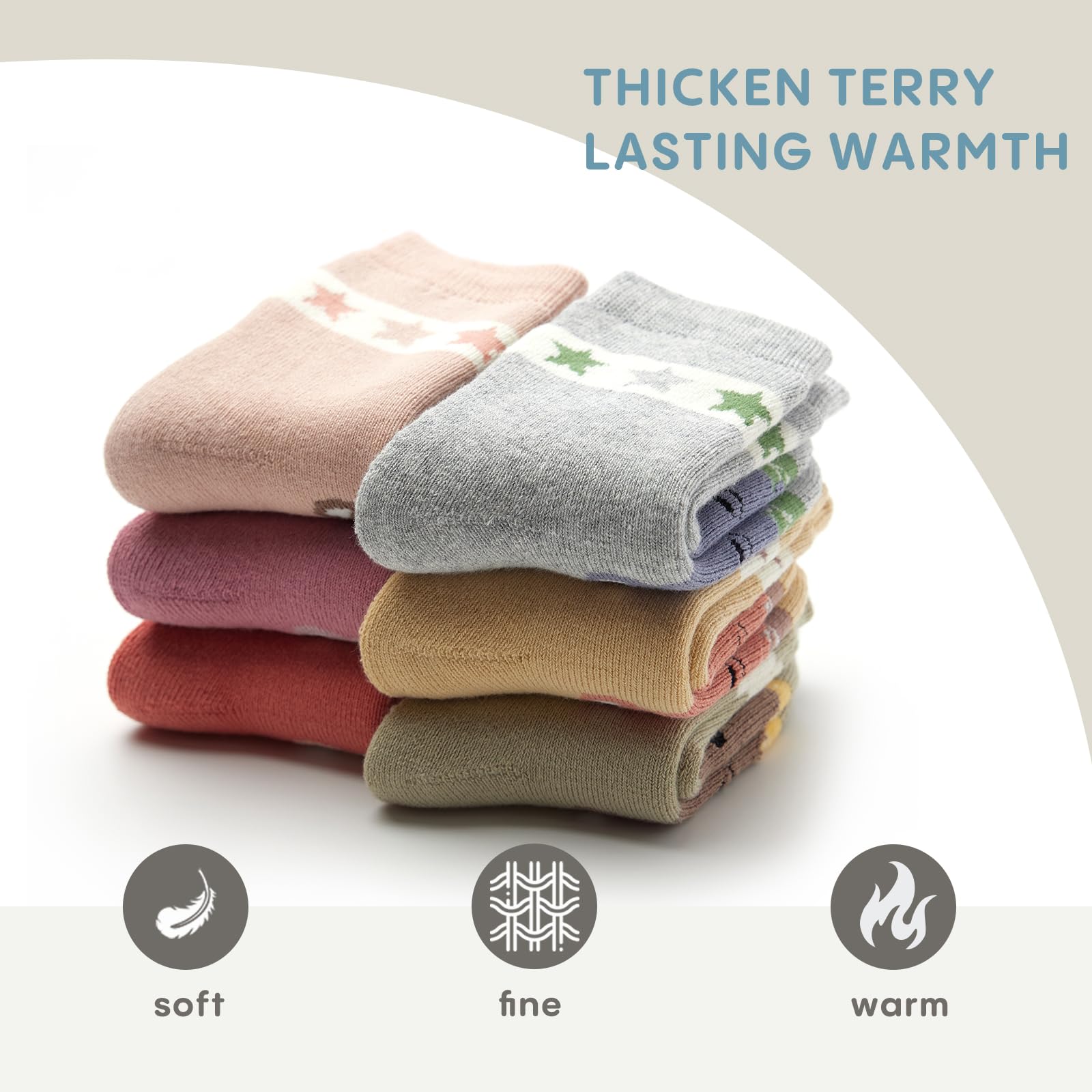 Girls Winter Socks 6 Pack - Warm Thermal Terry Crew Socks for Kids & Toddlers - Cozy Cold Weather Socks for School, Snow Play & Indoor Activities