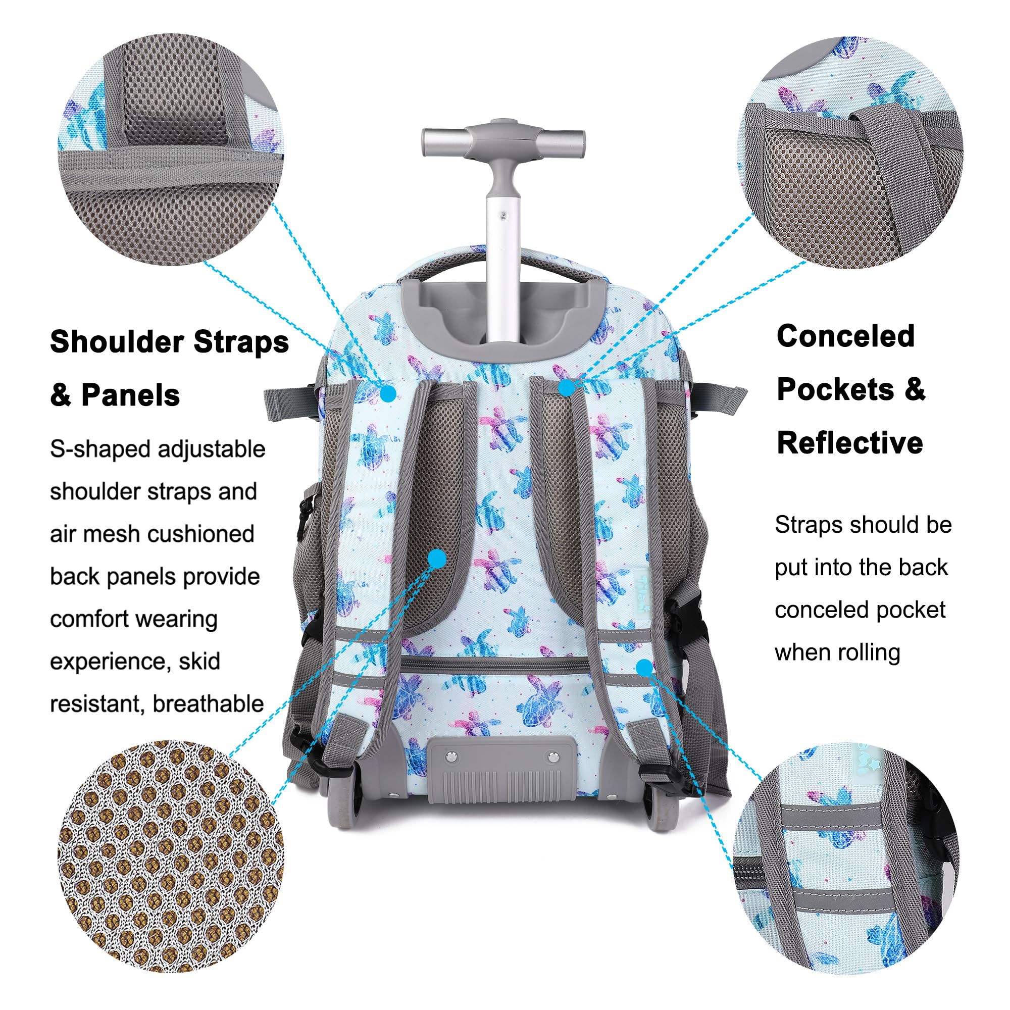 Tilami 19 Inch Rolling Backpack with Lunch Box - Wheeled Laptop Backpack for School & Travel - Durable Turtle Blue Carry-On Luggage for Students & Professionals - Perfect for Airports, Commuting & Daily Use